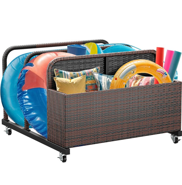 YITAHOME Outdoor Wicker Patio Poolside Float Storage, PE Rattan Rolling Pool Float Caddy for cushions, Floaties, Noodles, Life Vests, Beach Balls, Patio Furniture (Brown)