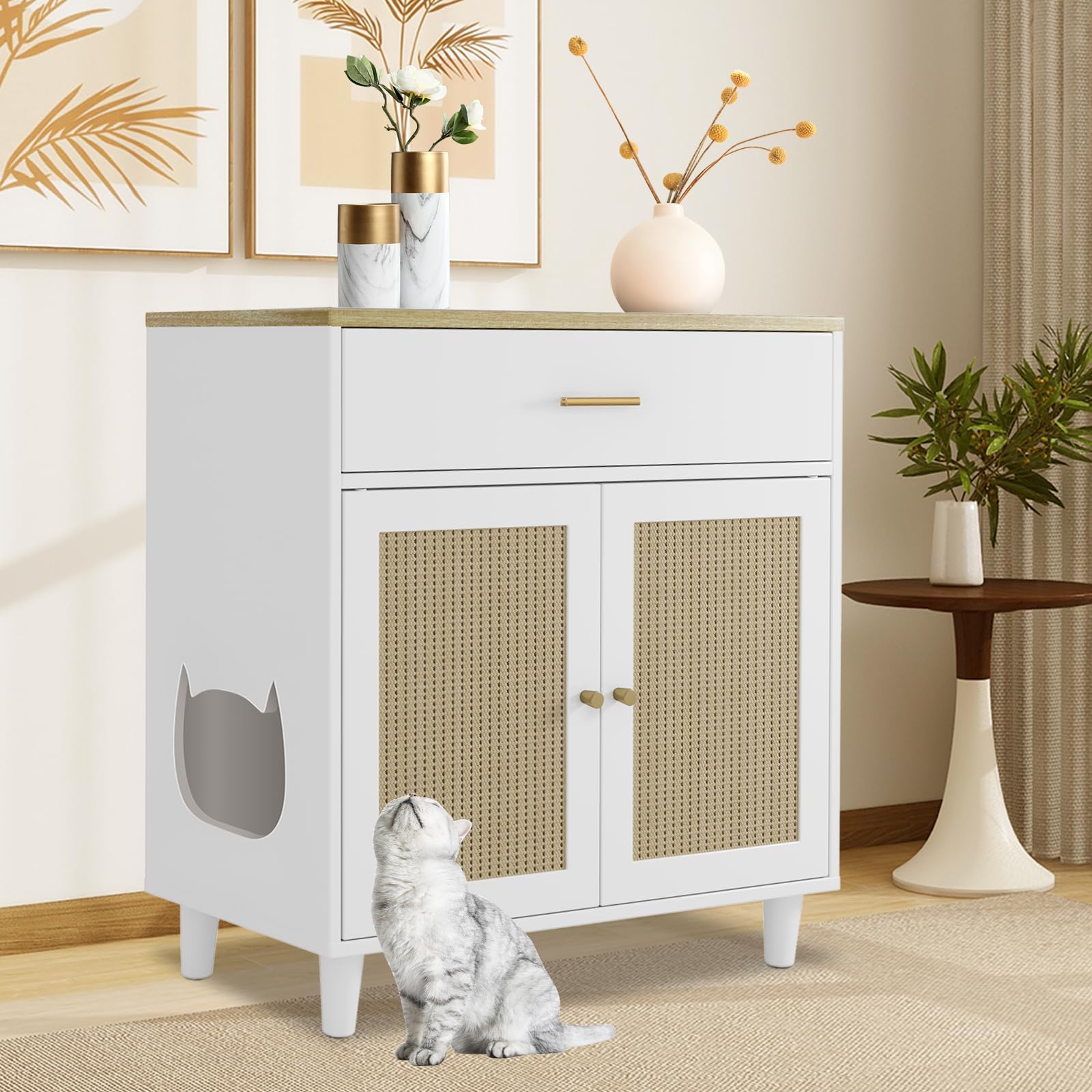 MegaChoice Hidden Cat Litter Box Enclosure Furniture, 31.5'' Wooden Dog Proof Cat Litter Box Enclosure Cabinet with Drawer and 2 Sisal Doors, Corner Kitten Cats Cabinet White