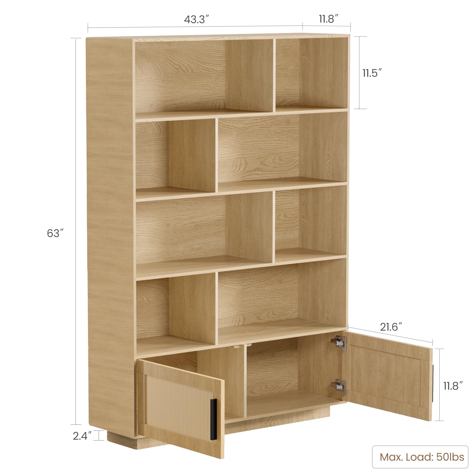 GarveeHome 5 Tier Bookshelf, Boho Bookcase with Rattan Doors, Wooden Bookcase and Bookshelf with Storage, Tall Book Stand, Large Bookshelf for Living Room, Bedroom, Home Office, Kitchen