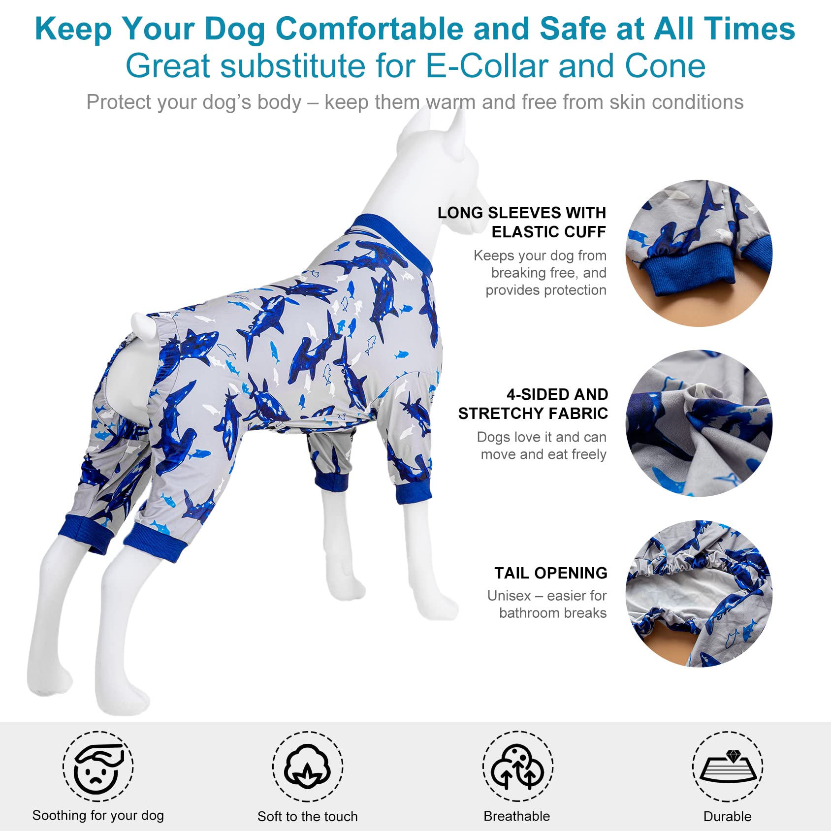 LovinPet Lovinpet Big Dog Pajamas, Pajamas for Large Dogs, Lightweight Fabric, Fintastic Blue Print, UV Protection, Pitbull Clothes, Easy Wearing Adorable Dog Clothes, Pitbull Onesie, Blue Shark 3XL