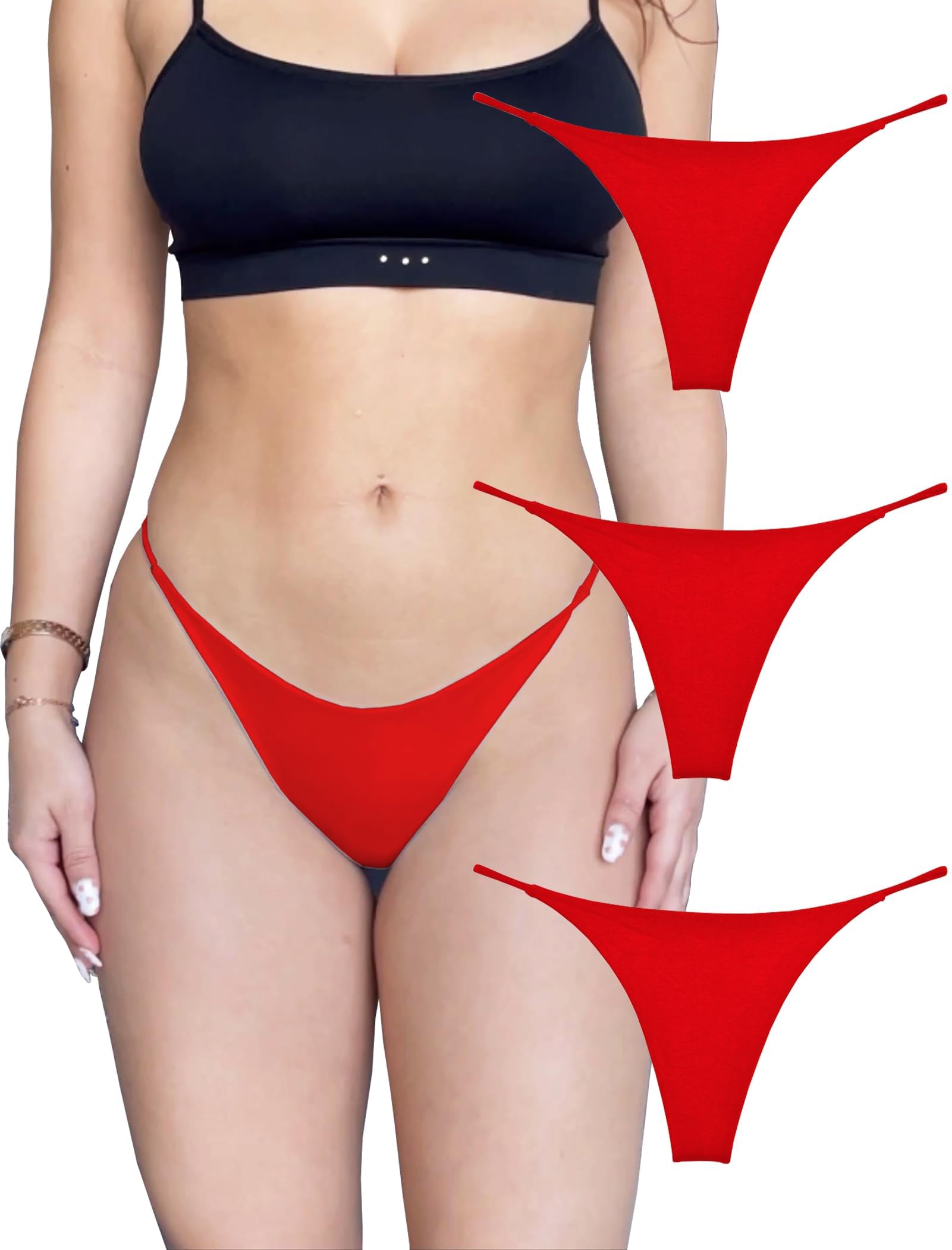 KUKU PANDA Cotton Thongs for Women Sexy Seamless Woman G String Panties 3 Pack Set (Red, Medium)