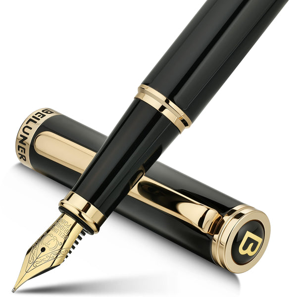 BEILUNER Black Fountain Pen,Stunning Luxury Pens with 24K Gold Accents, Gorgeous 24K Gilded Nib(Fine), Trustworthy Pen Gift for Men&Women -Ink Converter-Elegant, Reliable,Fancy Pen for Writing
