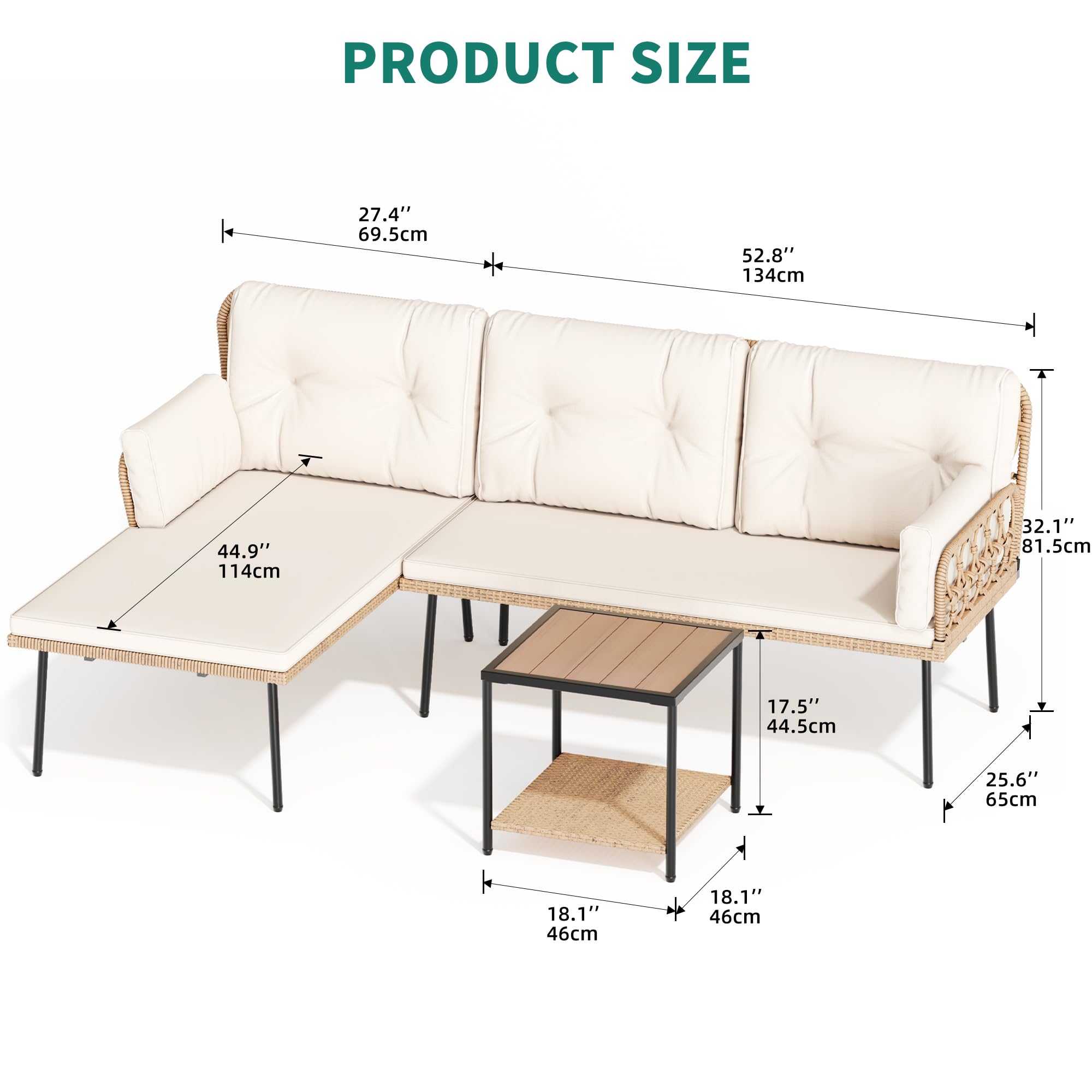 YITAHOME Patio Furniture Set, 3-Piece Outdoor Wicker Conversation Sectional L-Shaped Sofa with 4 Seater for Backyard, Porch, Boho Detachable Lounger with Cushions and Coffee Table - Beige