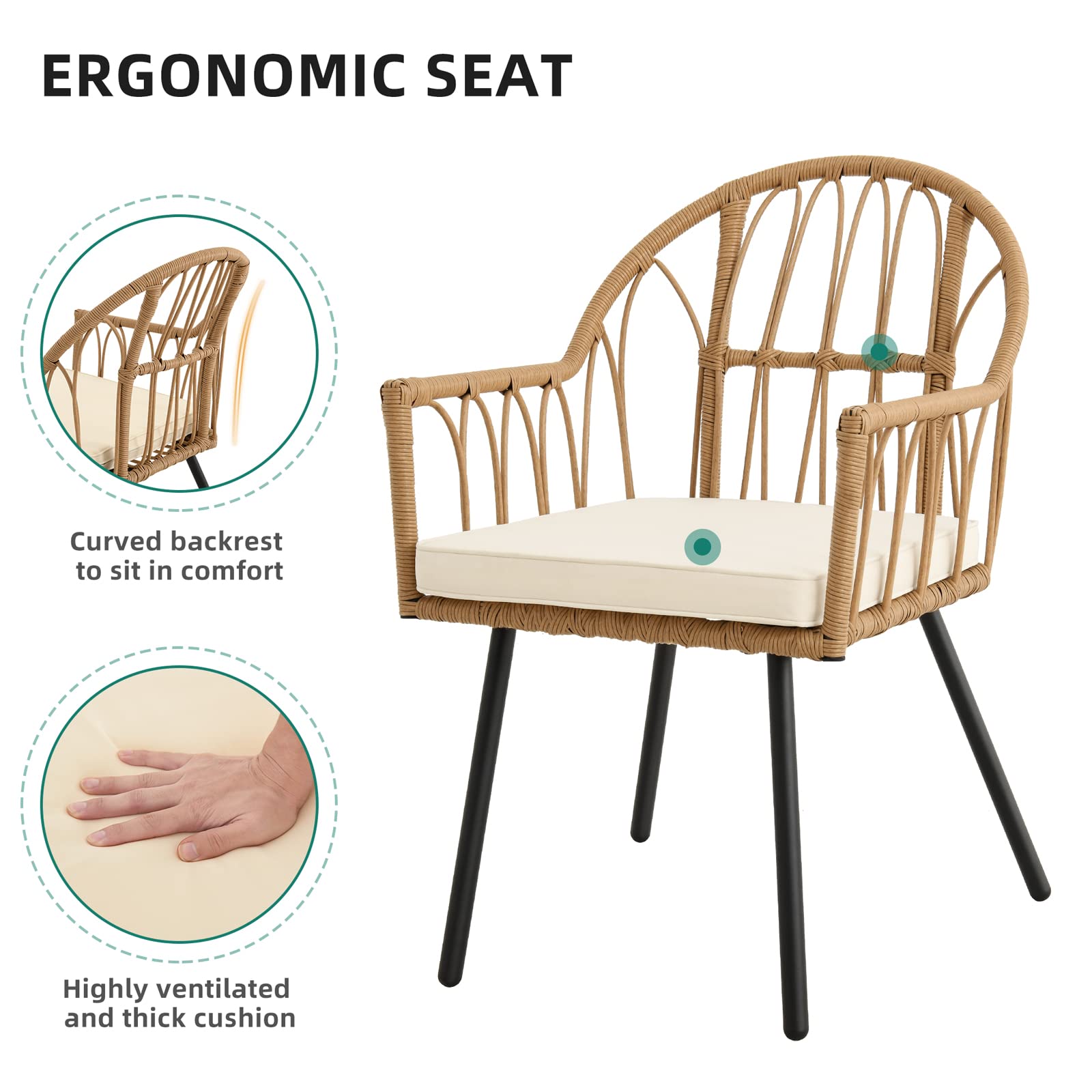 YITAHOME Rattan Outdoor Dining Chairs Set of 4 with Curved Back & Cushions Wicker Bistro Chairs with Armrest Woven Rattan Chair All-Weather Wicker Patio Dining Chair for Outdoor/Indoor, Beige