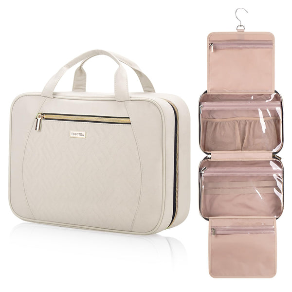TBTOTRA Hanging Toiletry Bag for Women Travel, 2 Sizes Large & Small Waterproof Cosmetic Organizer with 4 Compartments, Rotating Hook, Foldable Pink Travel Bag for Toiletries & Makeup - Large Beige