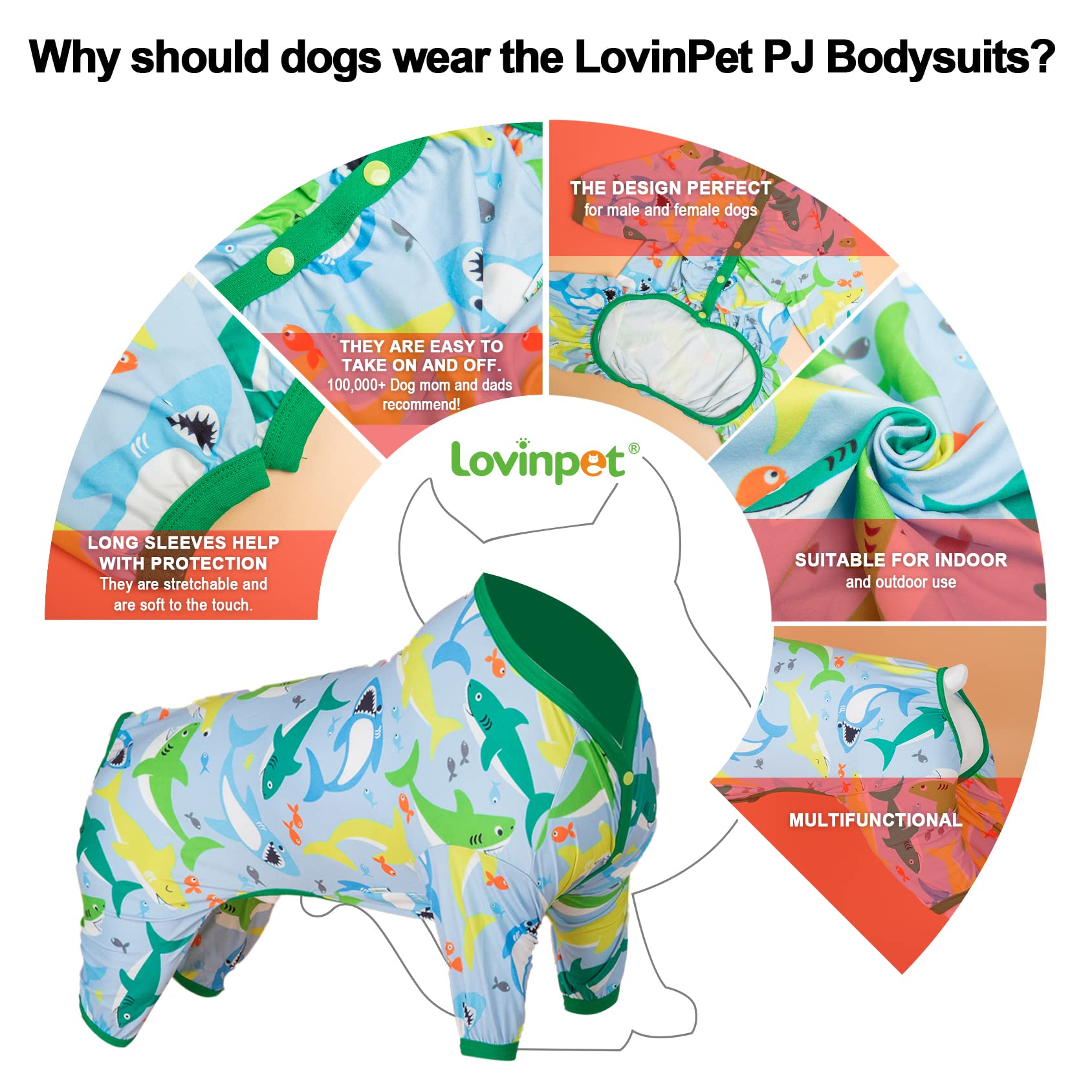 LovinPet Surgical Recovery Shirt for Large Dogs, Undershirt for Dog Coats, Lightweight Stretchy Knit Dog Onesie, Big Bites Turquoise Print, Pitbull Shirt, UV Protection,Stop Shedding for Dogs, 2XL
