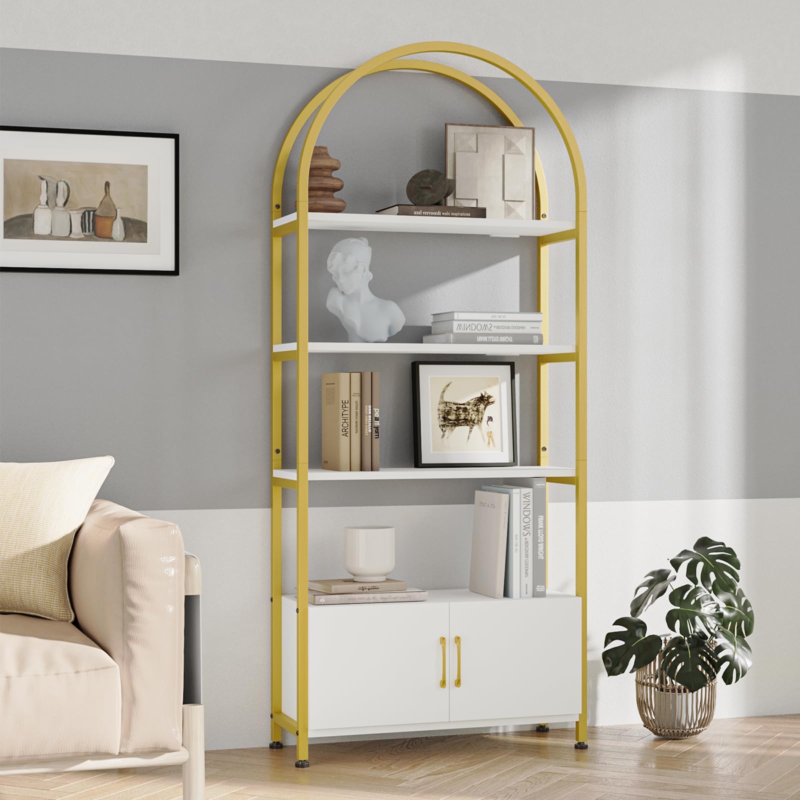 GarveeHome Gold Bookshelf, Arched Book Shelf with Studry Metal Frame and Quality Board, Modern Bookcase with 4-Tier Open Shelves for Living Room, Bookshelf with Doors Storage,71.5" Tall Book Shelf