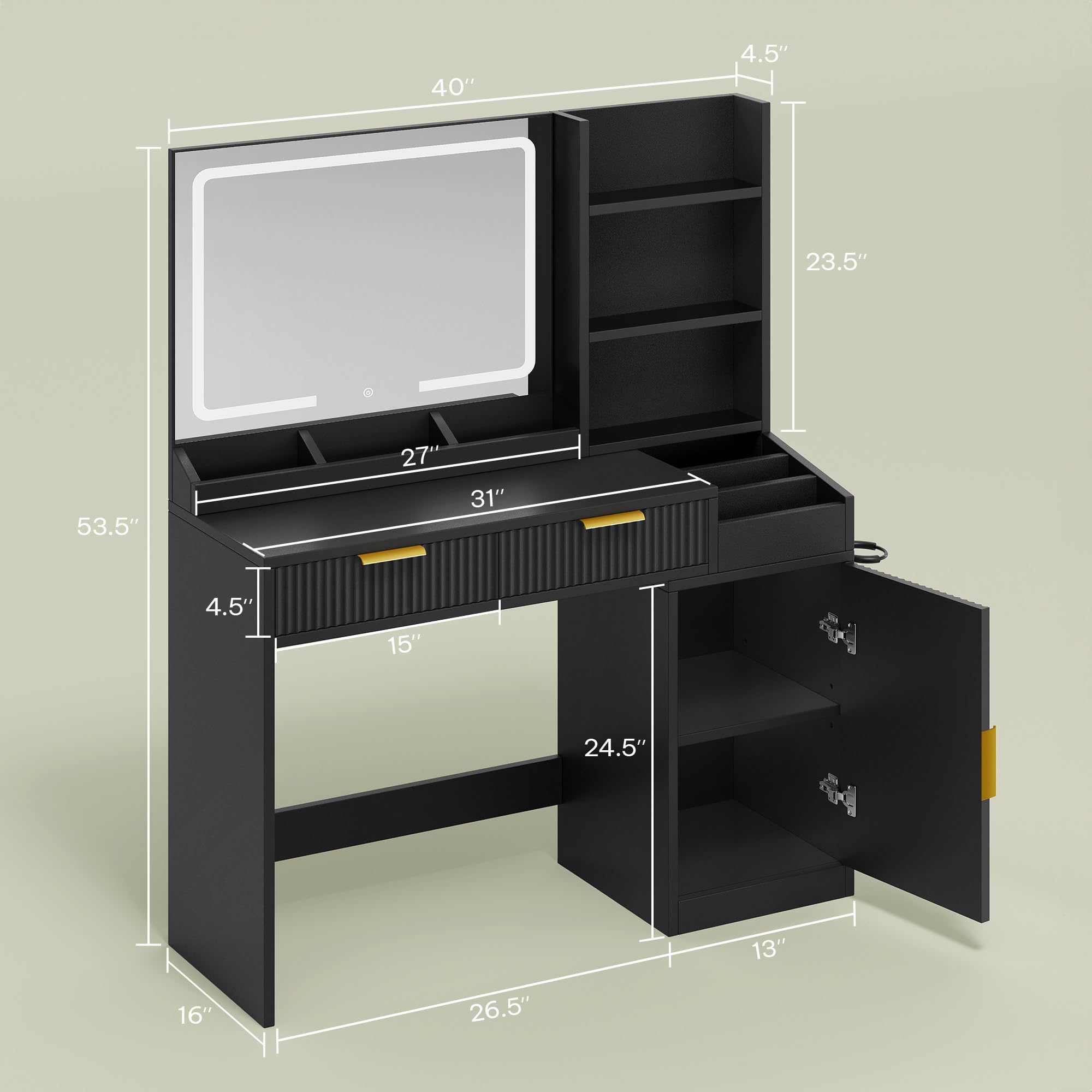 DWVO Fluted Makeup Vanity Desk with Large 27" Mirror and Lights, Modern Big Makeup Table with Power Outlet, 11 Shelves & 2 Drawers, 3 Color Lighting Modes, Dressing Table Vanity Set for Bedroom, Black