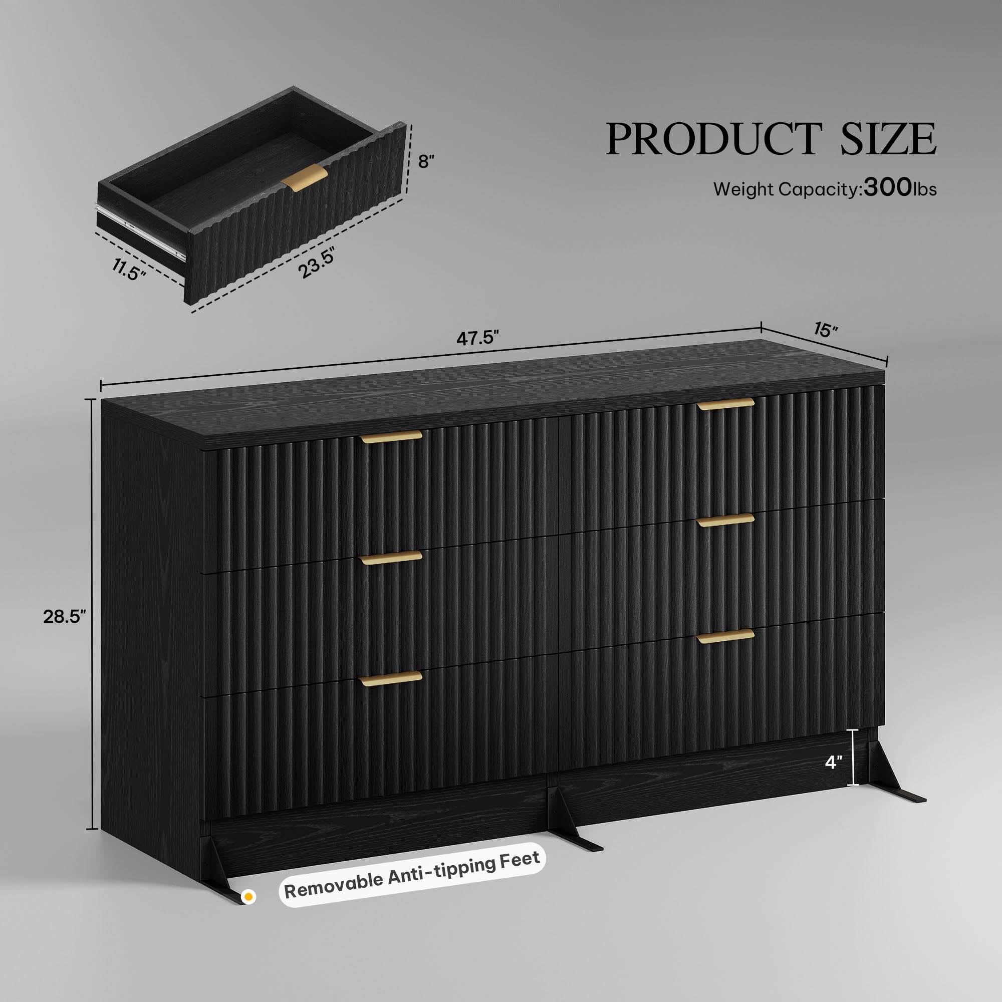 DWVO 6 Drawer Dressers, Chest of Drawers with Fluted Panel, Wide Versatile Storage Dresser Organizer for Living Room, Kitchen and Office, Black