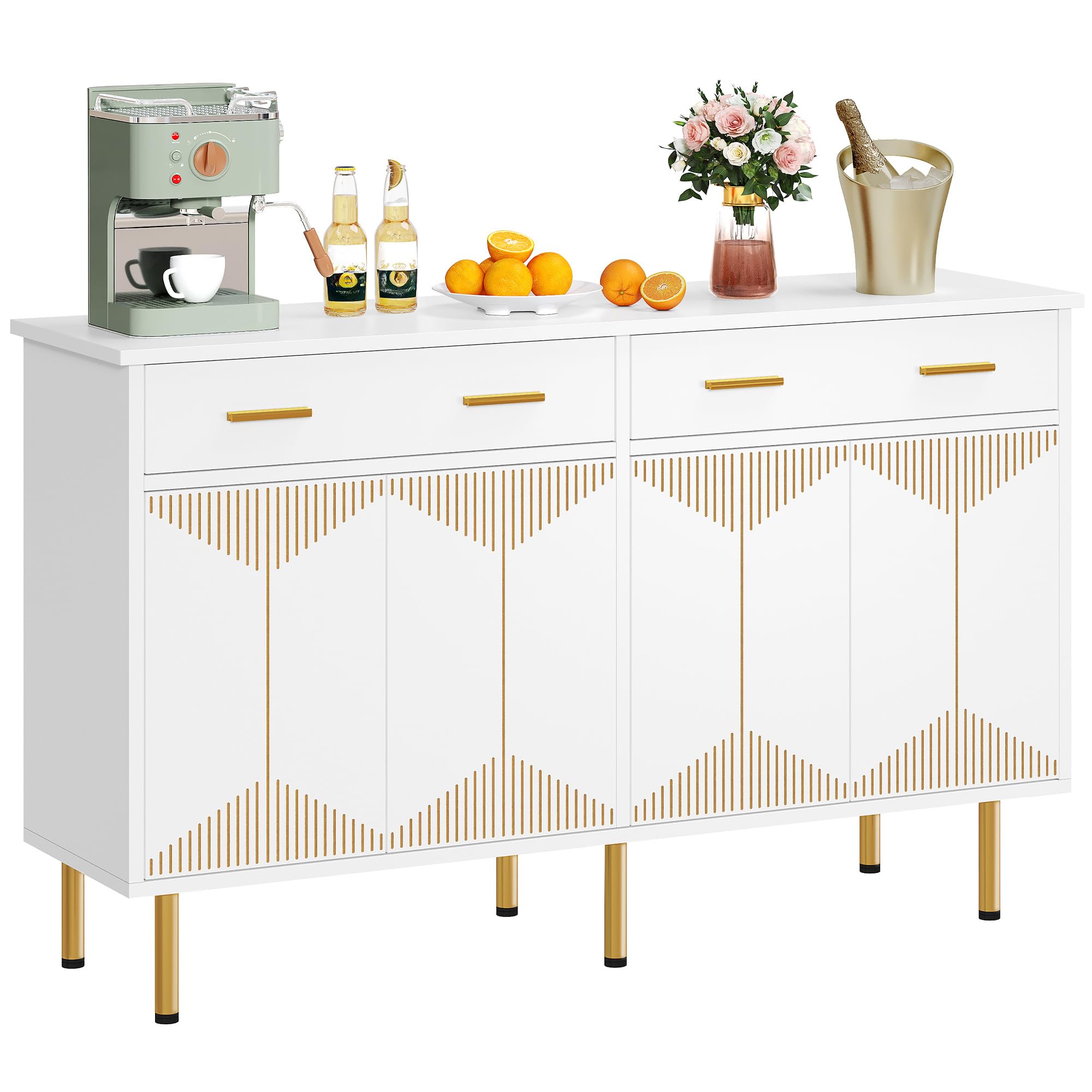 DWVO 55" Sideboard Buffet Cabinet with Storage, Modern Kitchen Storage Cabinet with Doors and Drawers for Hallway, Kitchen or Living Room, White/Gold