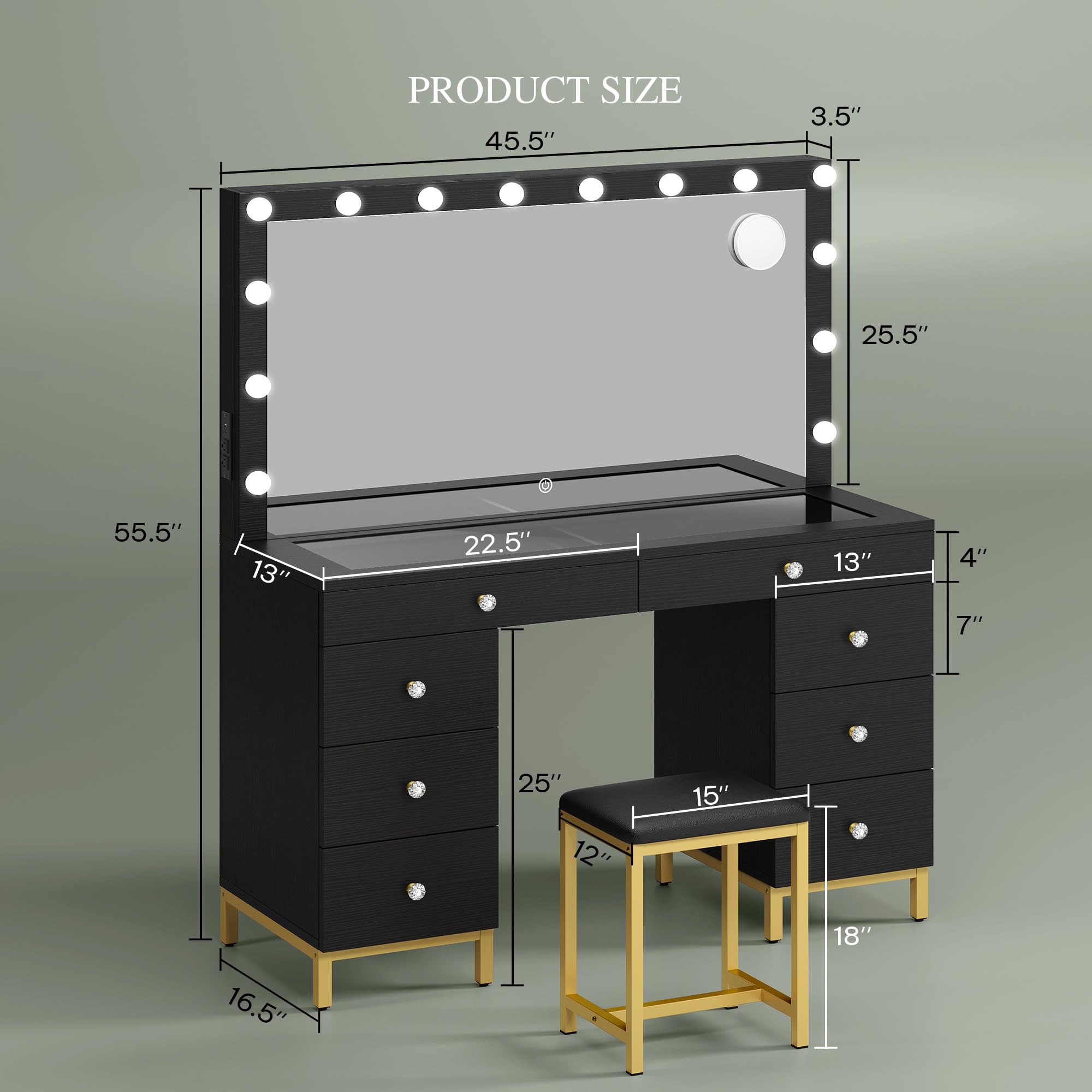 DWVO Vanity Desk with Mirror and Lights, Large Vanity Set with Power Outlet, Makeup Table with 8 Drawers, Dimmable 3 Lighting Colors, Makeup Desk for Bedroom and Dressing Room, Black