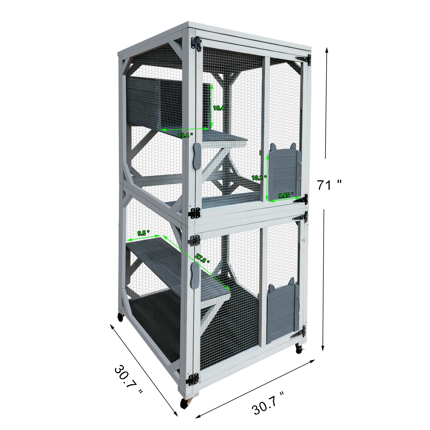71'' Catio Outdoor Cat House on Wheels, Outdoor Cat Enclosure for 2 Cats Cat Cage with Waterproof Cover, Feral Cat Shelter with 4 Platforms and Resting Box