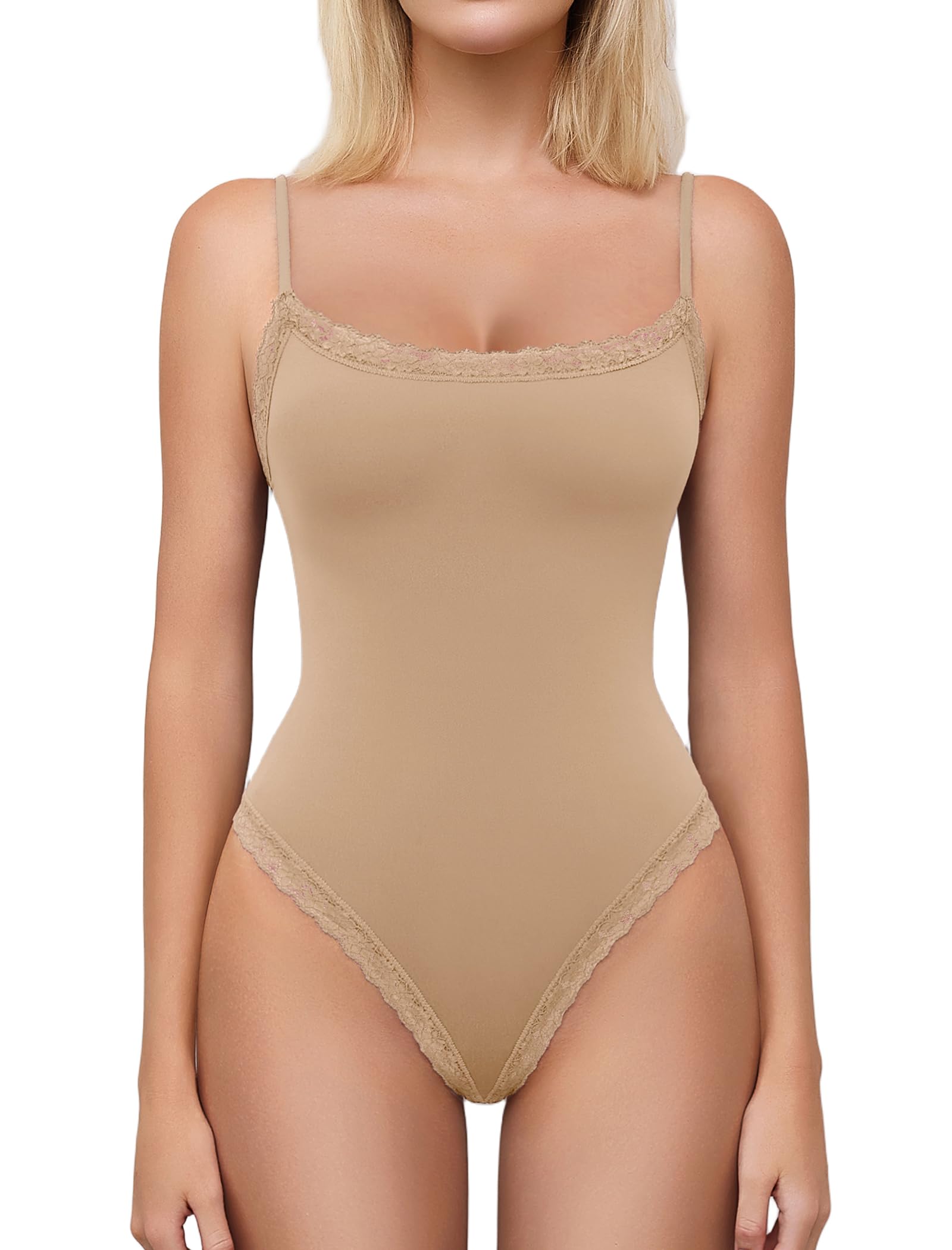 Avidlove Square Neck Bodysuit Sexy Square Neck Body Suits Thong Lace Trim Nude Sleeveless One Piece