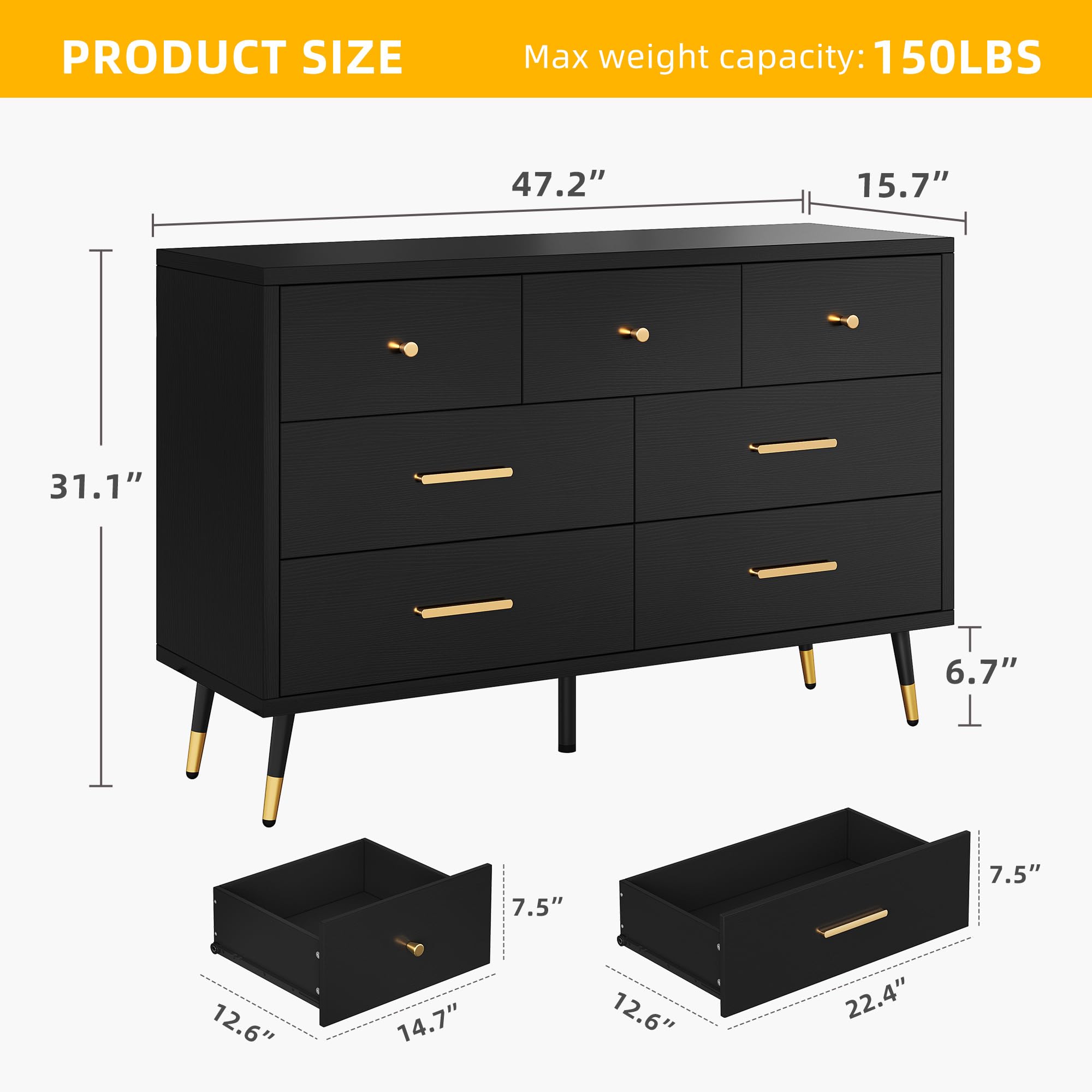 DWVO Black Dresser,7 Drawer Dresser with Wide Drawers and Gold Metal Handles, Wood Dressers & Chest of Hallway, Entryway