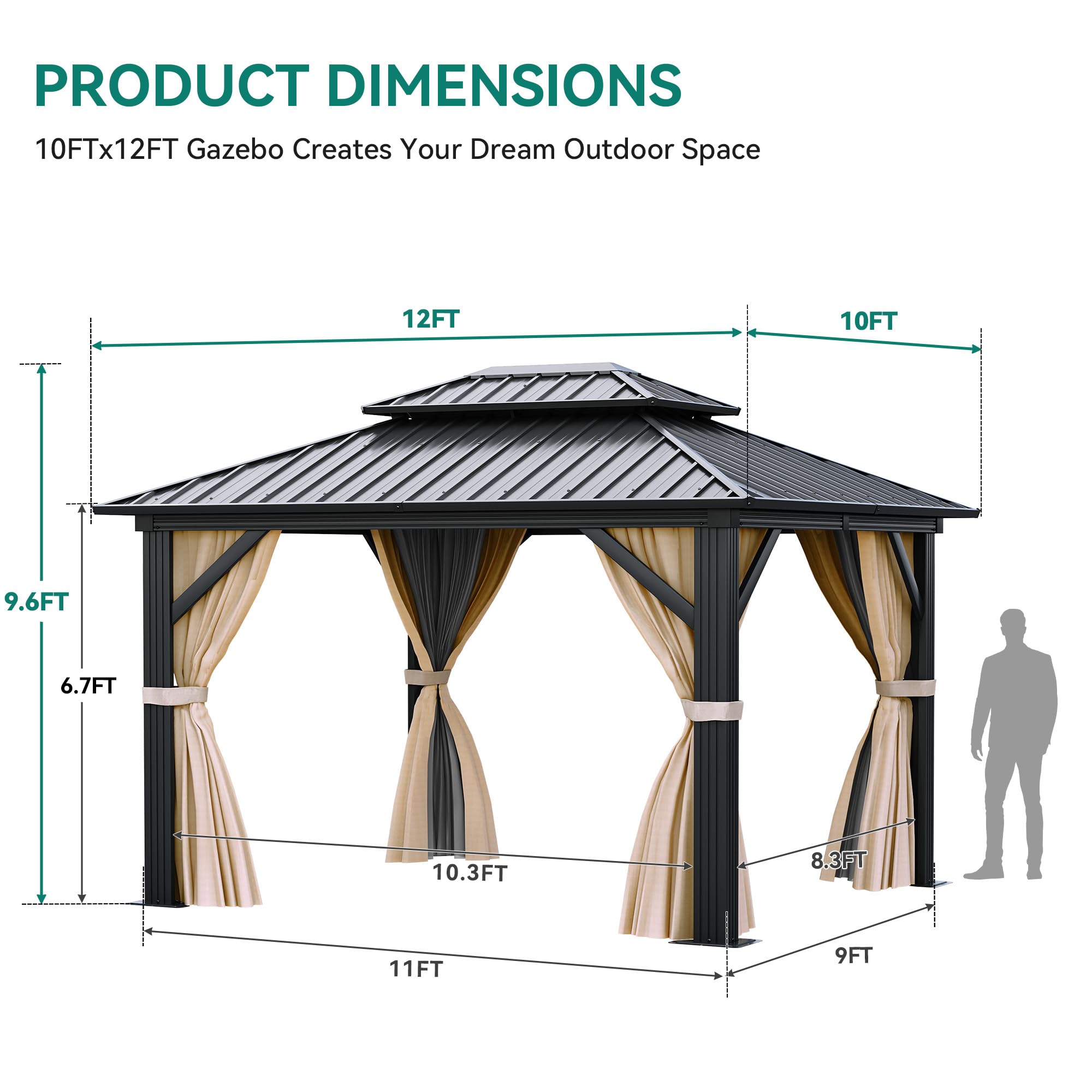YITAHOME 10x12ft Gazebo Hardtop Double Roof Canopy w/Netting and Curtains, Outdoor Gazebo 2-Tier Galvanized Iron Aluminum Frame Garden Tent for Patio, Backyard, Deck and Lawns, Brown