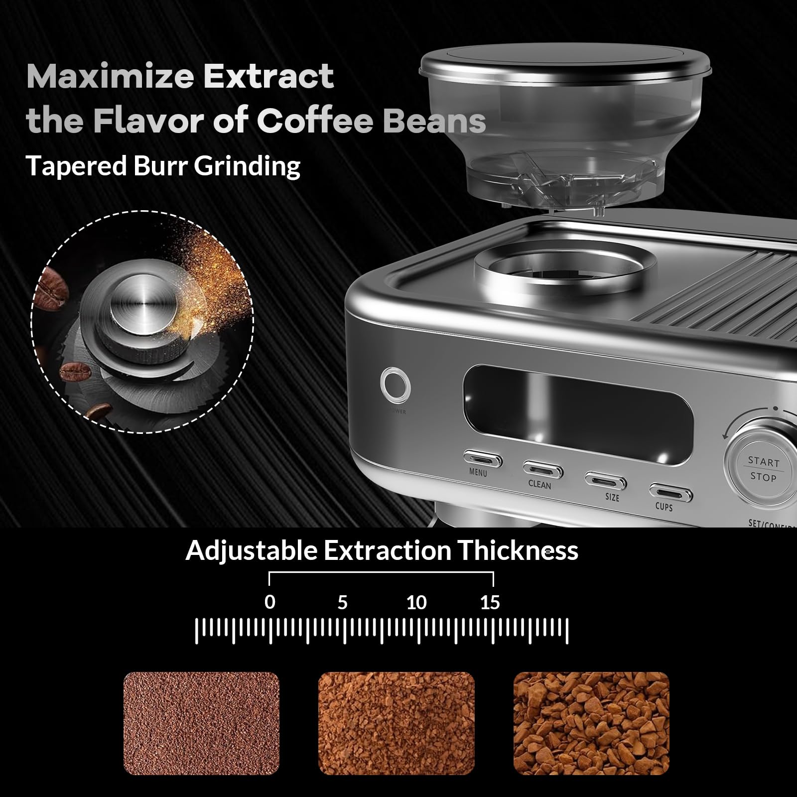 ACONEE Espresso Coffee Maker, 15 Bar Professional Espresso Coffee Maker with Built in Grinder, LED Display, Self-Clean, Barista Coffee Machine Kit, Latte Machines for Home Barista, Office, Grey