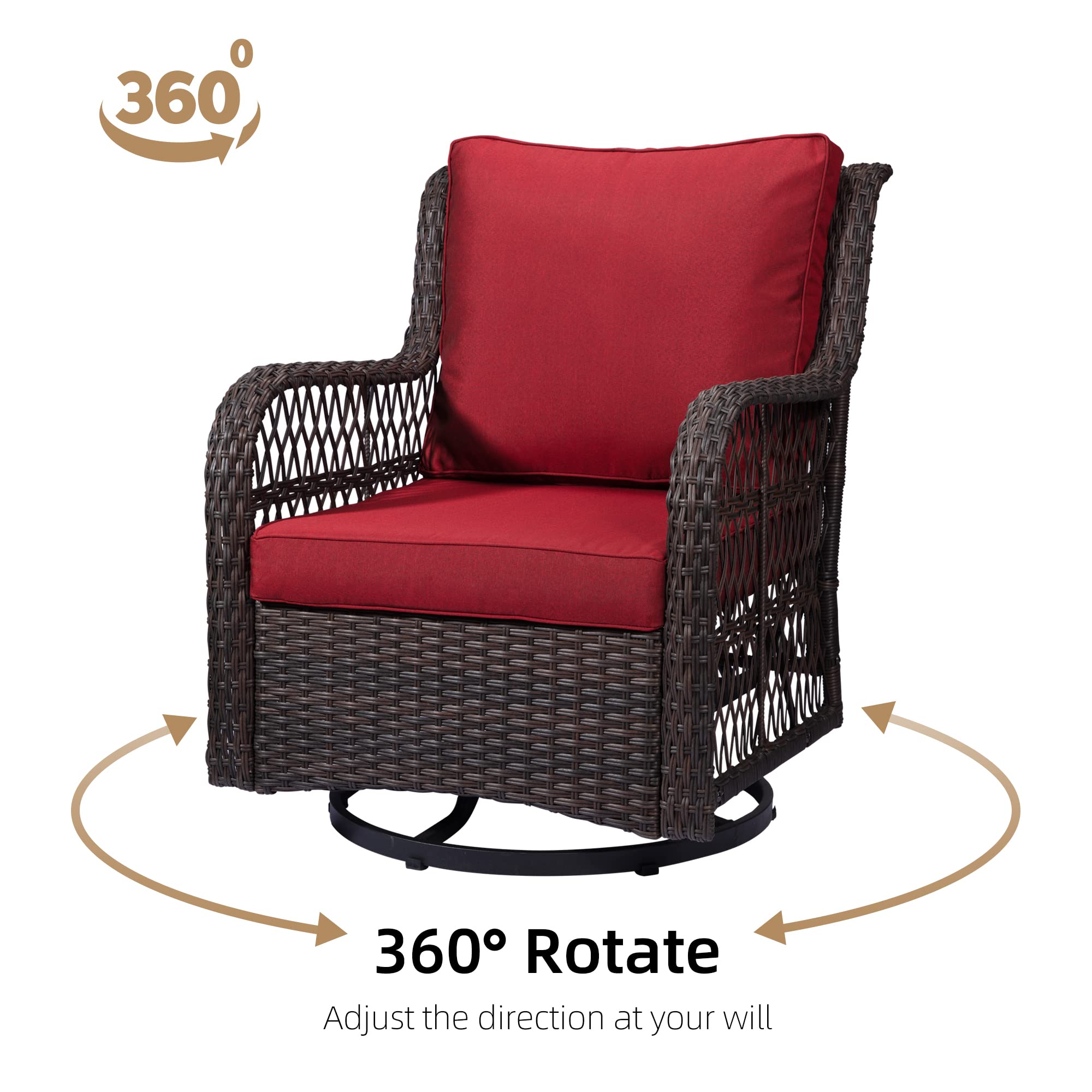 3-Piece Outdoor Wicker Patio Bistro Set w/ 2 360-Degree Swivel Rocking Chairs and Tempered Glass Top Side Table, 360° Swivel Patio Furniture for Backyard, Porch, Deck, Balcony, Garden, Red