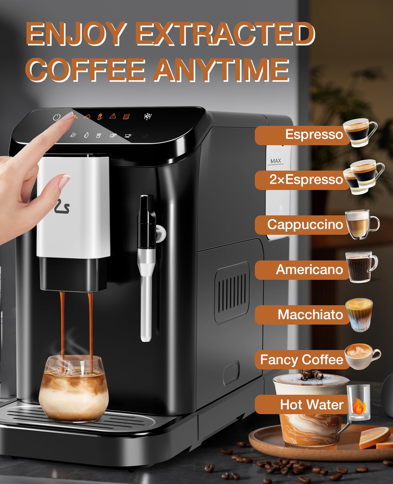 GarveeTech Fully Automatic Espresso Machine, 20 Bar Espresso & Coffee Machine with Milk Frother, Built-In & Adjustable Espresso Bean Grinder, Touch Screen Coffee Machine with 1.5L Water Tank