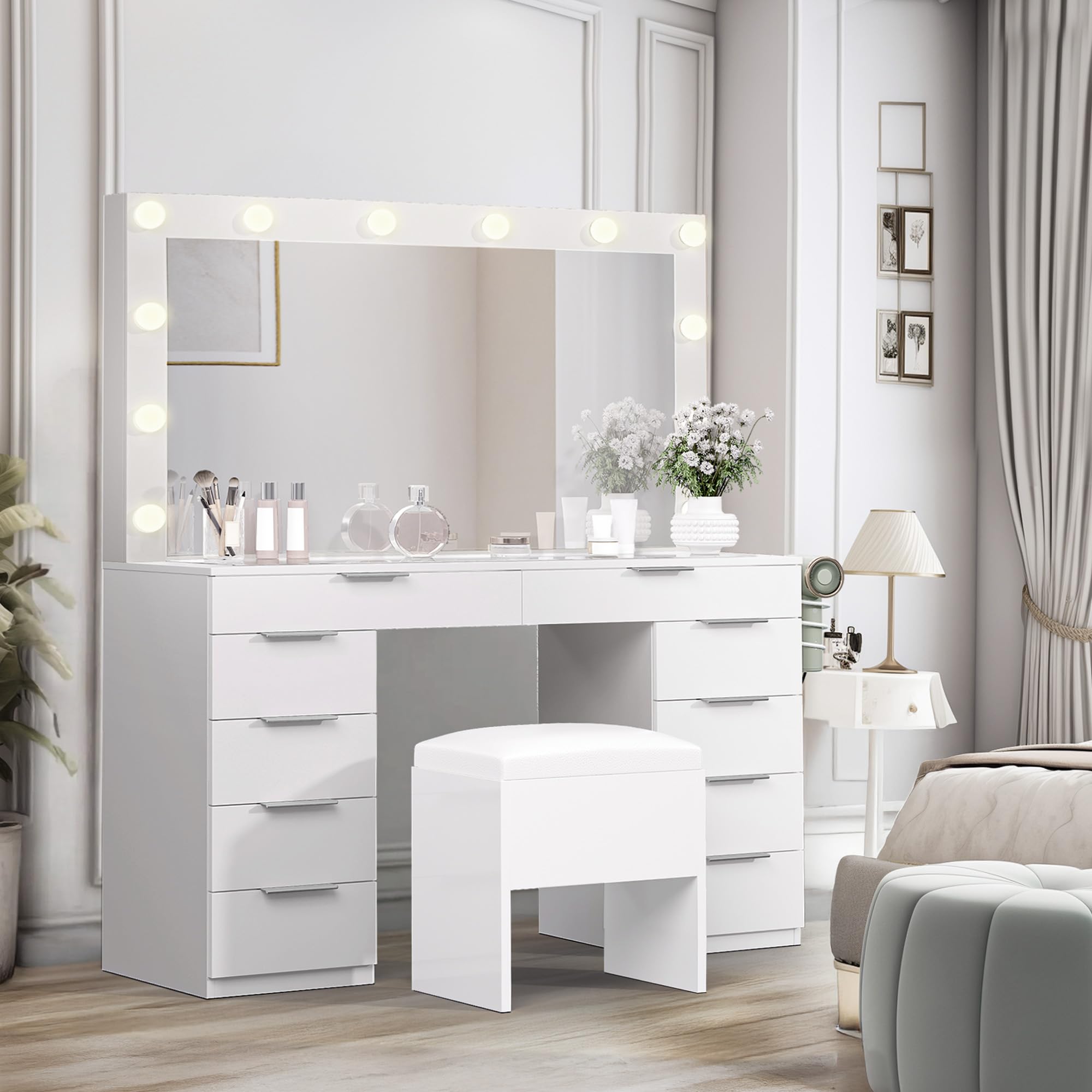 GOOBED 46" Makeup Vanity with Large Mirror & Lights, Glass Top 10-Drawer Vanity Desk Set with Power Outlets & Storage Stool, Dressing Table with 3 Light Modes for Dressing Room, Cream White