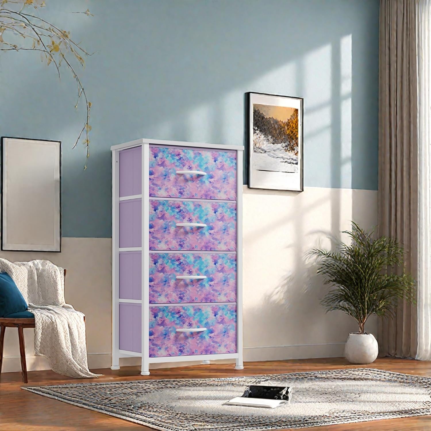 GOOBED Dresser with 4 Drawers - Storage Tower Unit, Dresser for Room, Living Room, Closets - Sturdy Steel Frame, Wooden Top & Easy Pull Fabric Bins, Tie-dye Purple