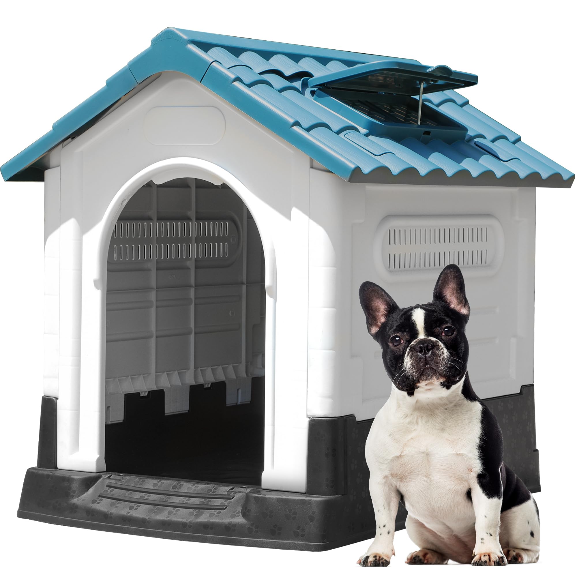 YITAHOME 26.8'' Folding Large Dog House Outdoor Plastic Doghouse with Adjustable Skylight and Elevated Base Water Resistant Pet House for Small Dogs (26.8''L*22.4''W*26''H)
