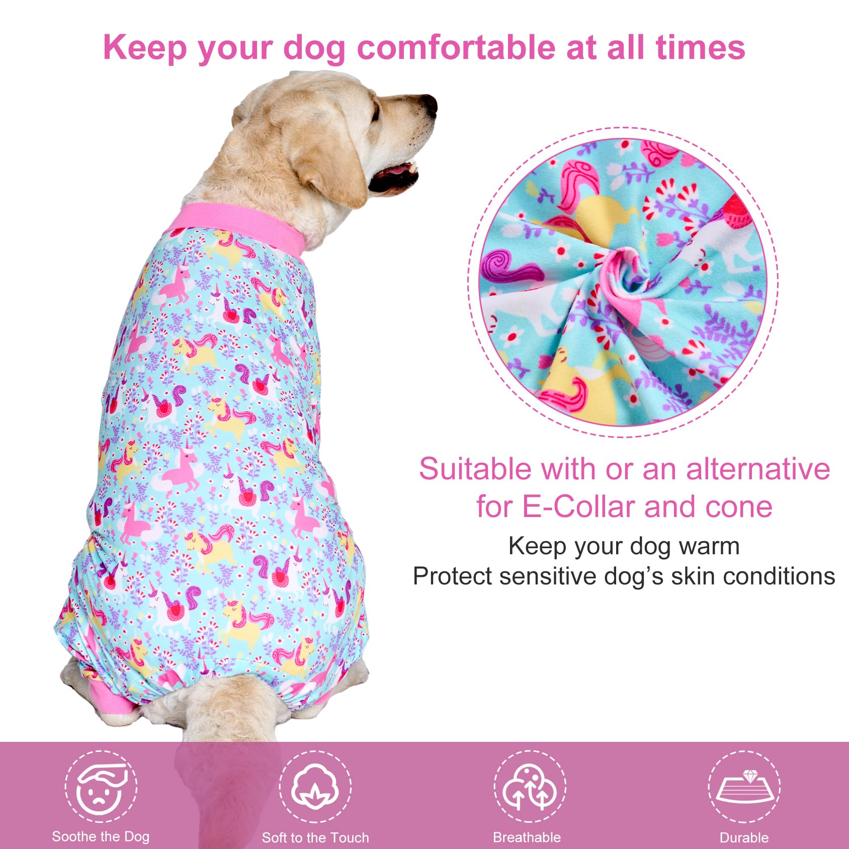 LovinPet Dog Pajamas, Large, Seafoam Unicorn Print, Stretchy, Post Surgery Recovery Suit for Pitbull, 65% Cotton, Breathable, Machine Washable, Pull On, Fantasy Style, Pajamas, Dog Shirt