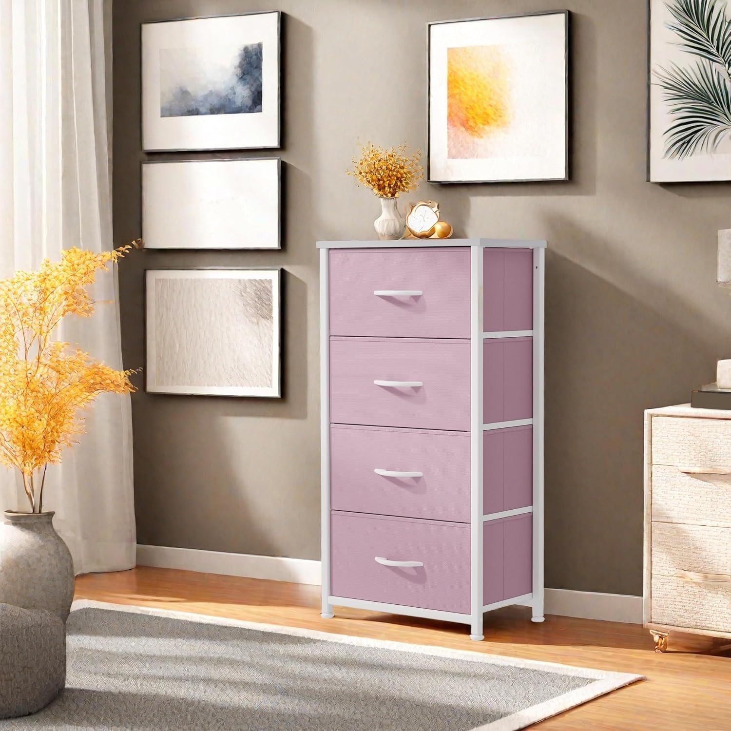 GOOBED Storage Drawer with 4 Drawers - Fabric Dressers, Dresser for Room, Living Room, Closets - Sturdy Steel Frame, Wooden Top & Easy Pull Fabric Bins, Pink