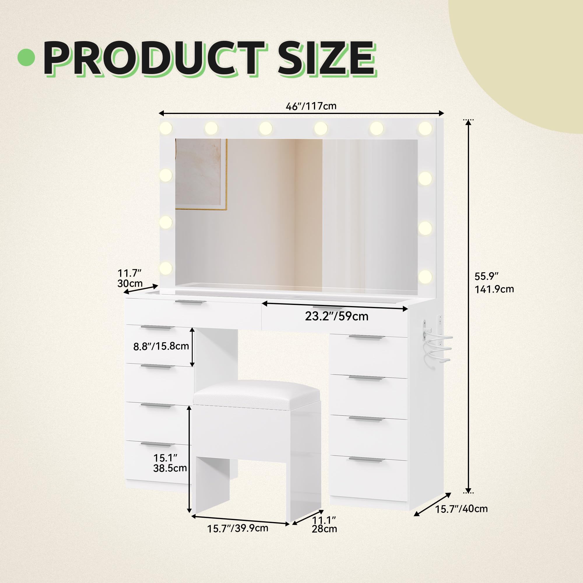 GOOBED 46" Makeup Vanity with Large Mirror & Lights, Glass Top 10-Drawer Vanity Desk Set with Power Outlets & Storage Stool, Dressing Table with 3 Light Modes for Dressing Room, Cream White
