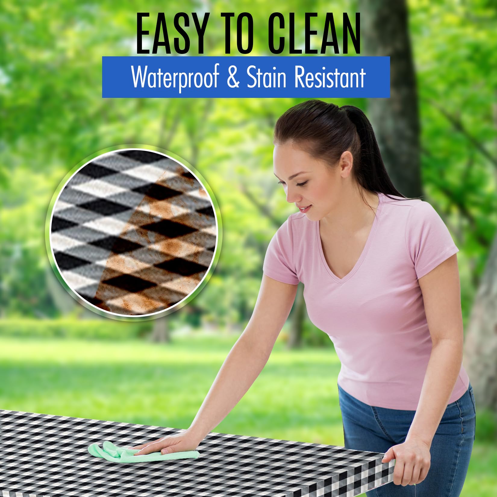 Premium Picnic Table Cover with Bench Covers Vinyl Fitted picnic table covers with Elastic RV Camping Accessories and Camper must haves Waterproof (Black Gingham, 96 x 30(8ft)) with skewers