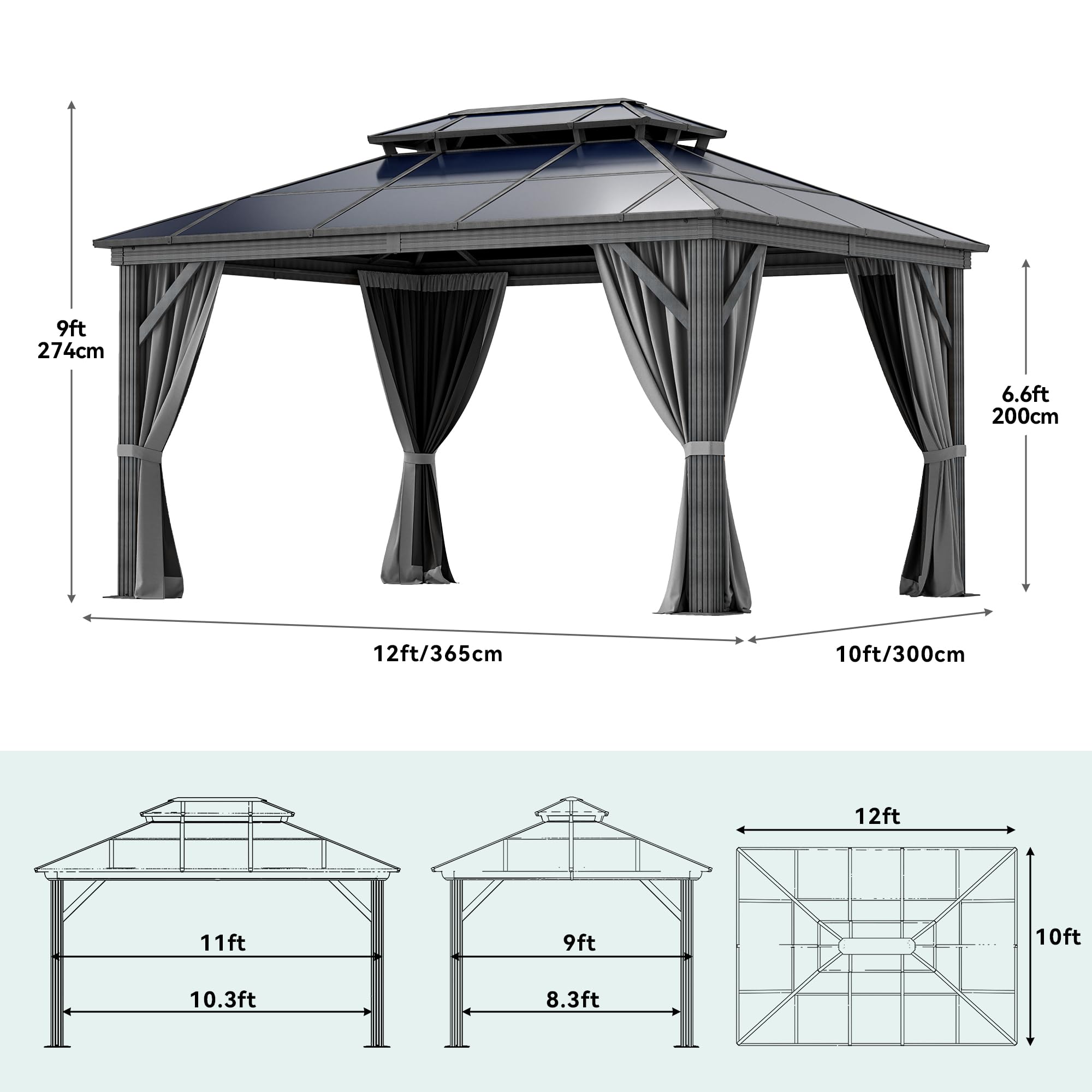 YITAHOME 10X12FT Hardtop Gazebo Outdoor Polycarbonate Patio Double Top Canopy Galvanized Iron Aluminum Column Garden Tent Curtains Netting for Backyards Decks Lawns,Gray