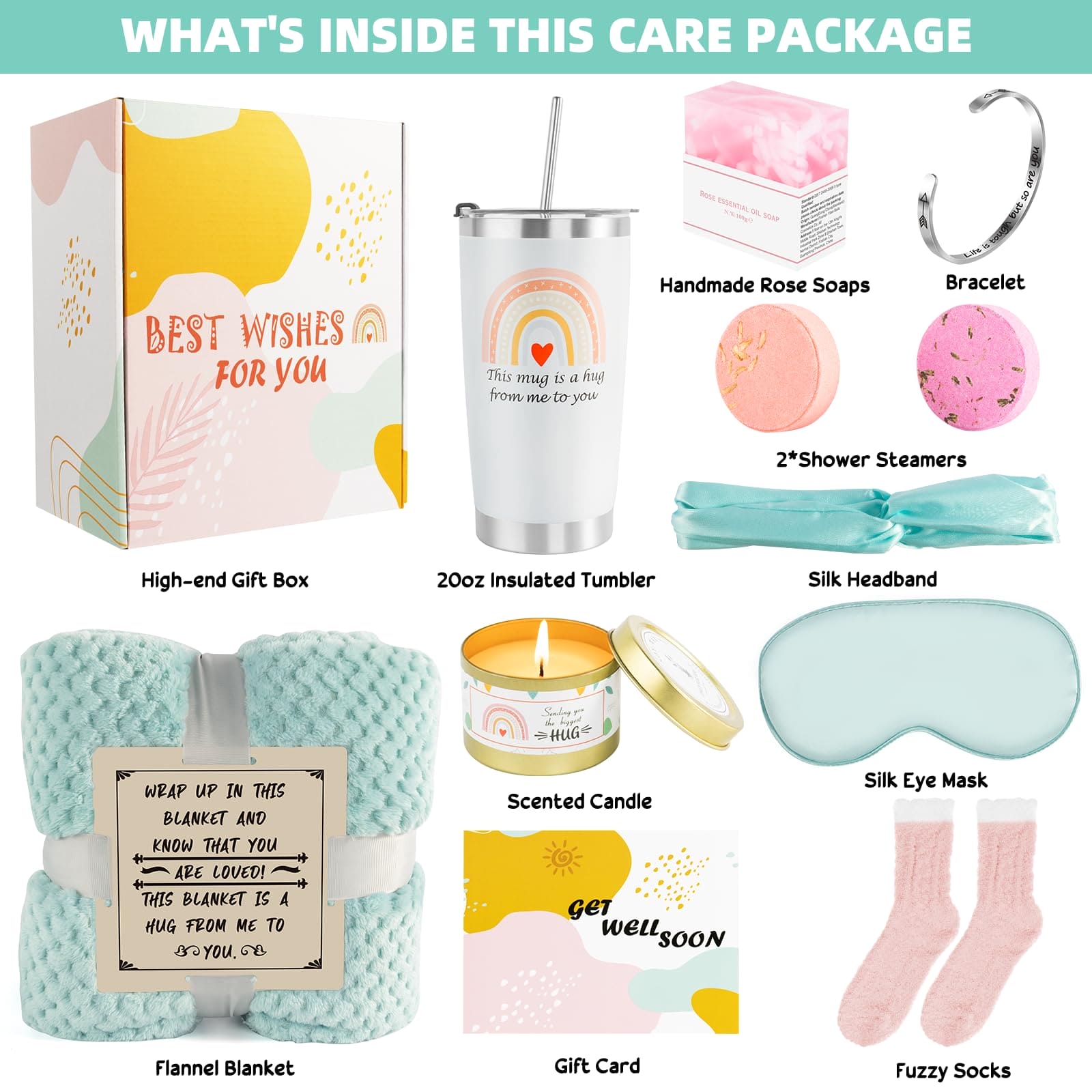 Get Well Soon Care Package, 12 Pcs Birthday Gift Basket, Feel Better Self Care Box for Sick Friend After Surgery, Relaxing Spa Gift, Sympathy Gift Thinking for Mom Her Friend Sister Wife Cyan Blanket