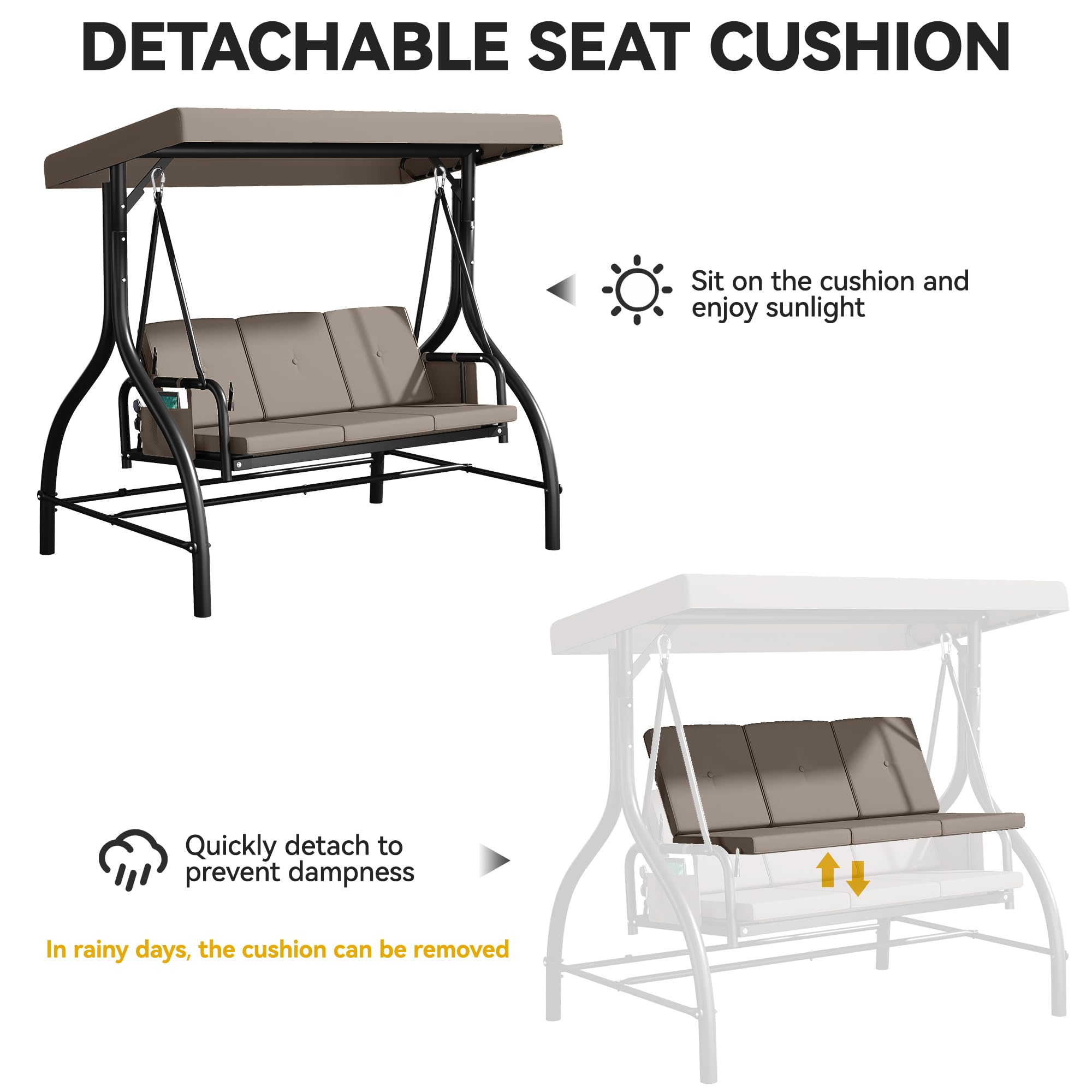 DWVO 3-Seat Outdoor Porch Swing with Adjustable Canopy - Heavy Duty Swing Chair with Removable Cushion, Backyard (Gray)