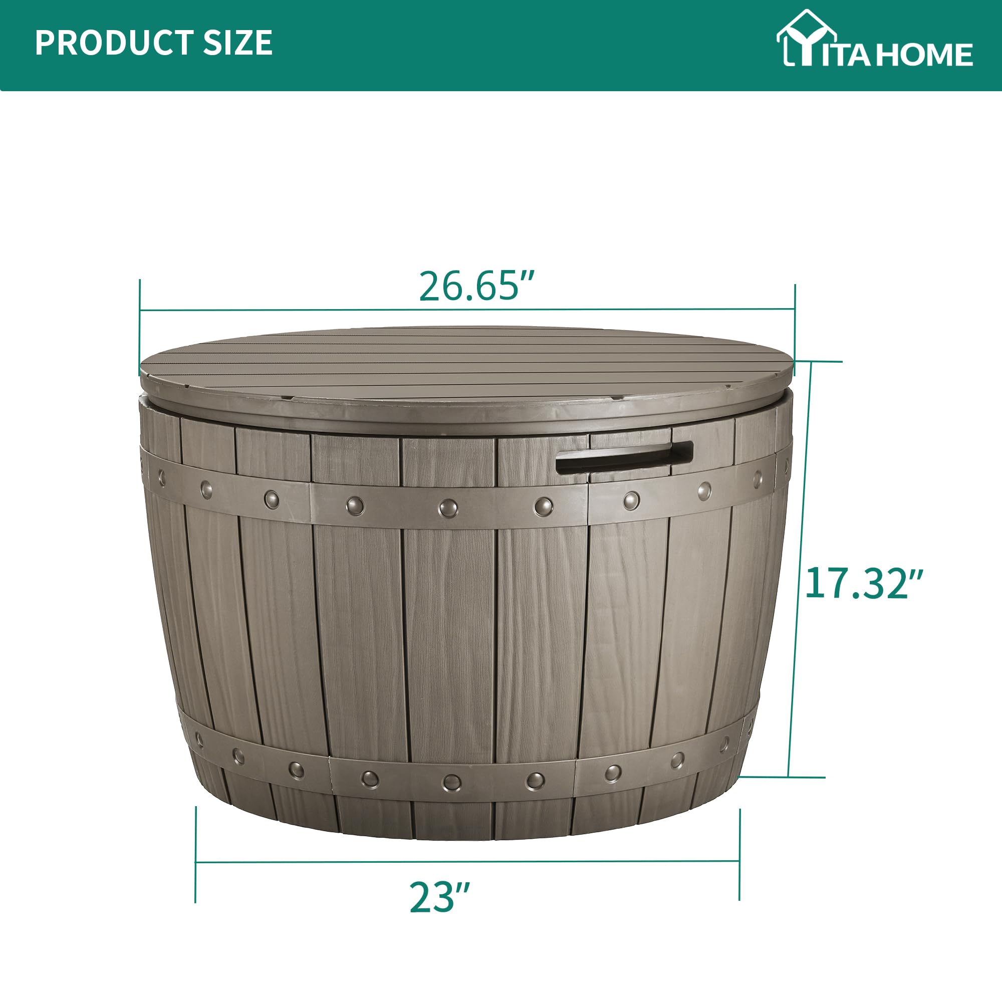YITAHOME Outdoor Resin Storage Container, 33-Gallon Round Deck Organizer for Patio, Cushion, Pool Accessories, Lightweight & Weatherproof, Doubles as Table, Light Brown