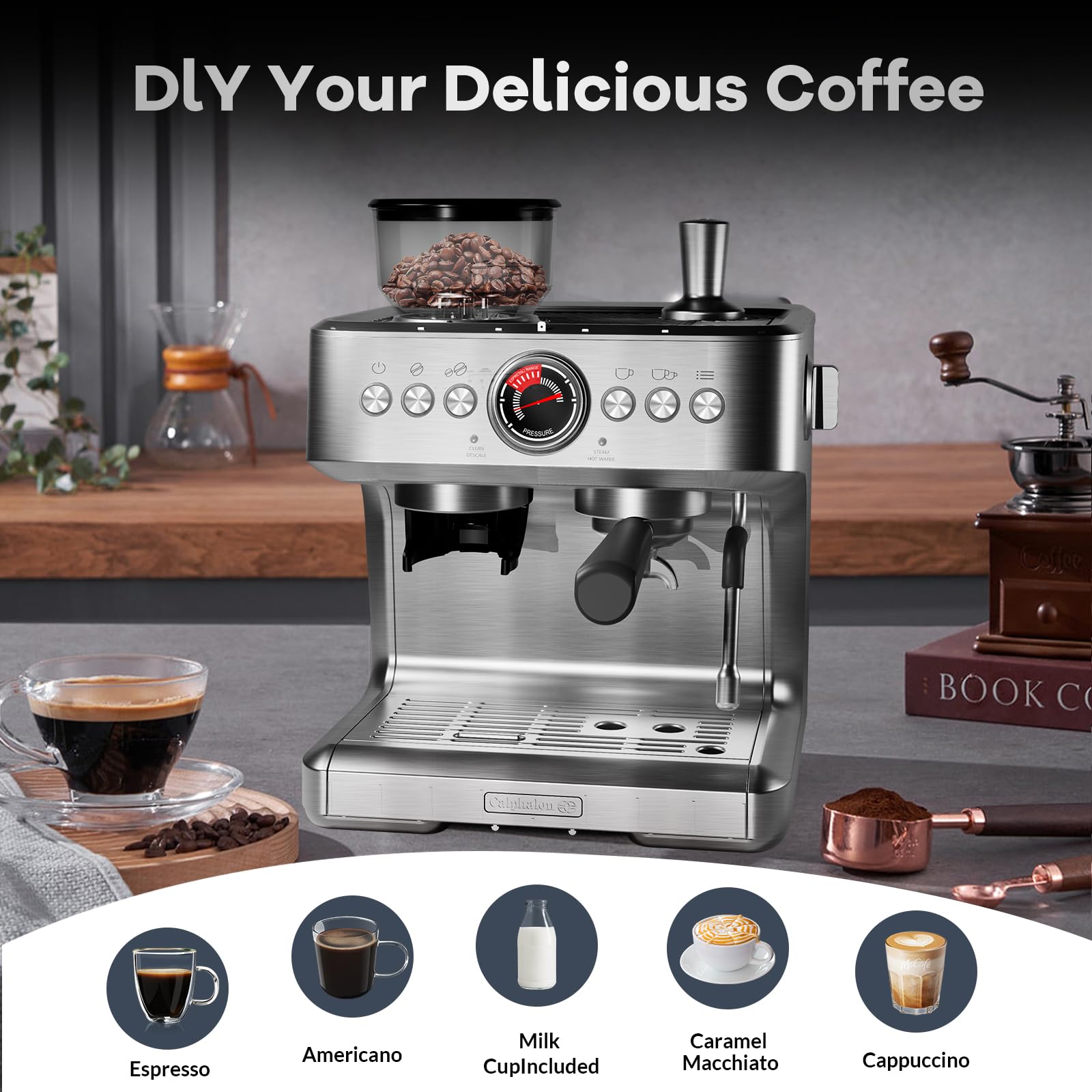 Garvee 20 Bar Espresso Machine, Espresso Maker with Grinder and Milk Frother Steam Wand, Professional Coffee Machine with 96 Oz Removable Water Tank for Cappuccino Latte, Silver