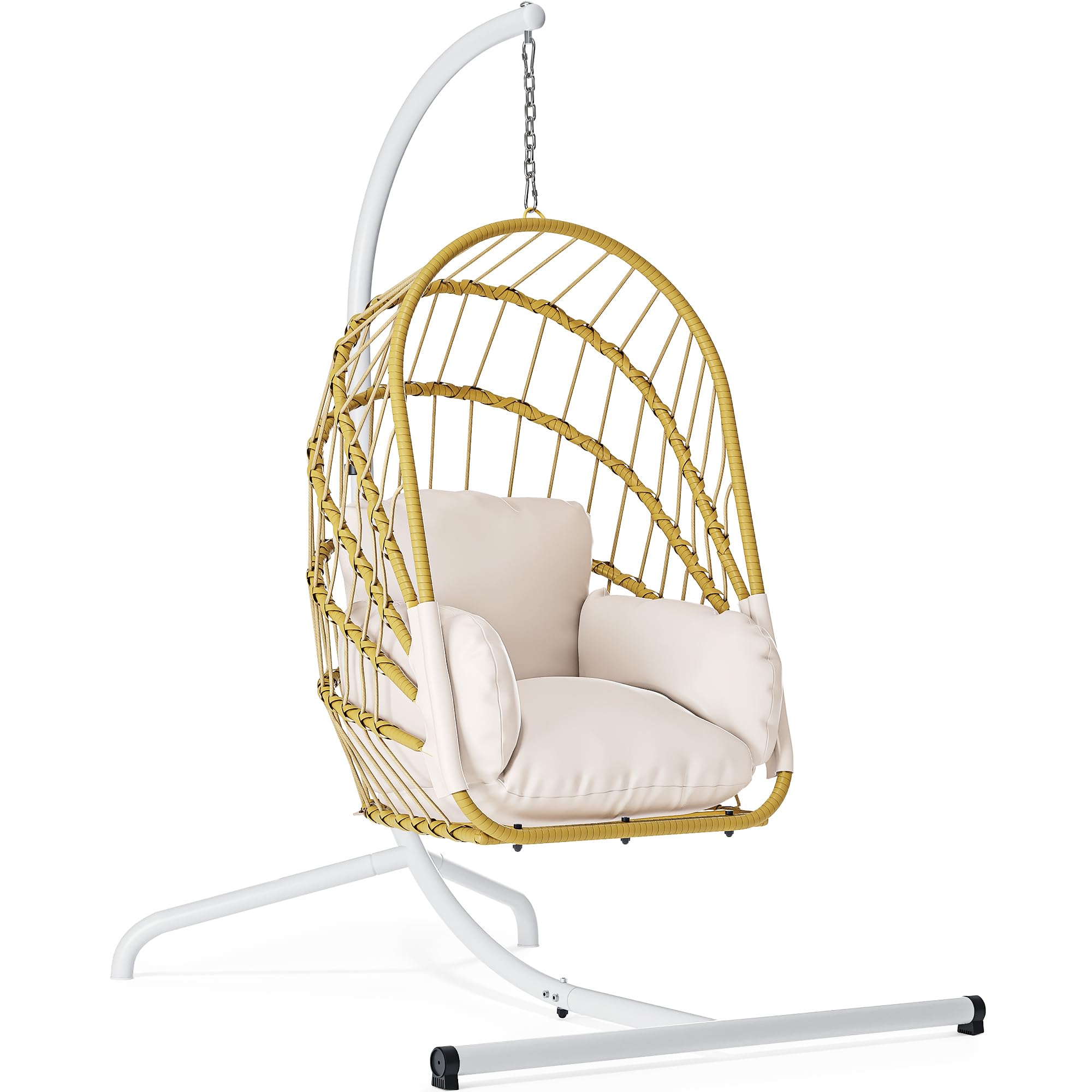YITAHOME Hanging Egg Chair with Stand, Rattan Wicker Swing Egg Chair with Cushion, 370lbs Capacity, Foldable Hanging Basket Chair for Porch, Garden, Bedroom, Balcony - Beige
