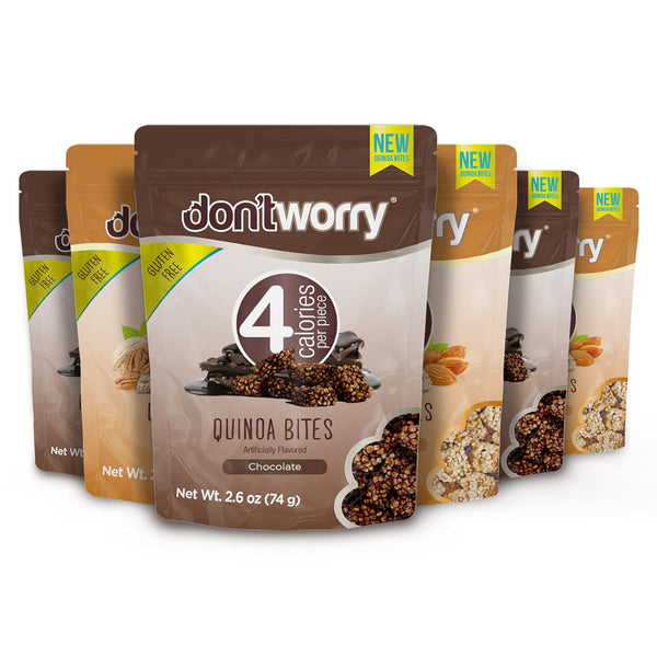 Don't Worry Chocolate Quinoa Bites - Low Calorie Snacks, Only 4 Calories per Piece!, Healthy Chocolate Granola Bars, Low Carb Quinoa Snacks, Gluten Free Protein Cookies - (Almond Pecan, 6 Pack)