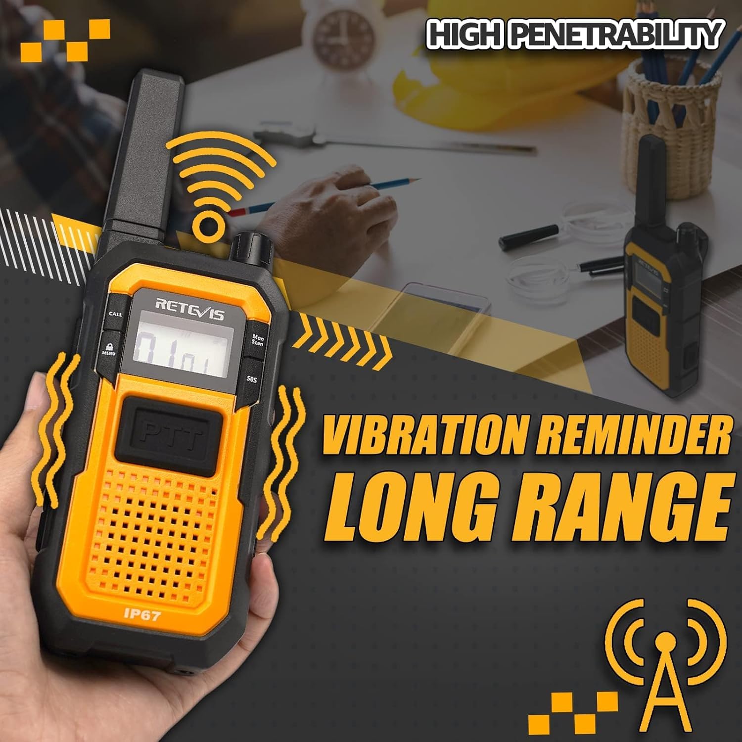 Retevis RB48 Waterproof Walkie Talkies, Heavy Duty Two Way Radio, Advanced Triple Proof, Vibration Call, USB-C, SOS,2000mAh, NOAA, 2 Way Radio(2 Pack) Yellow