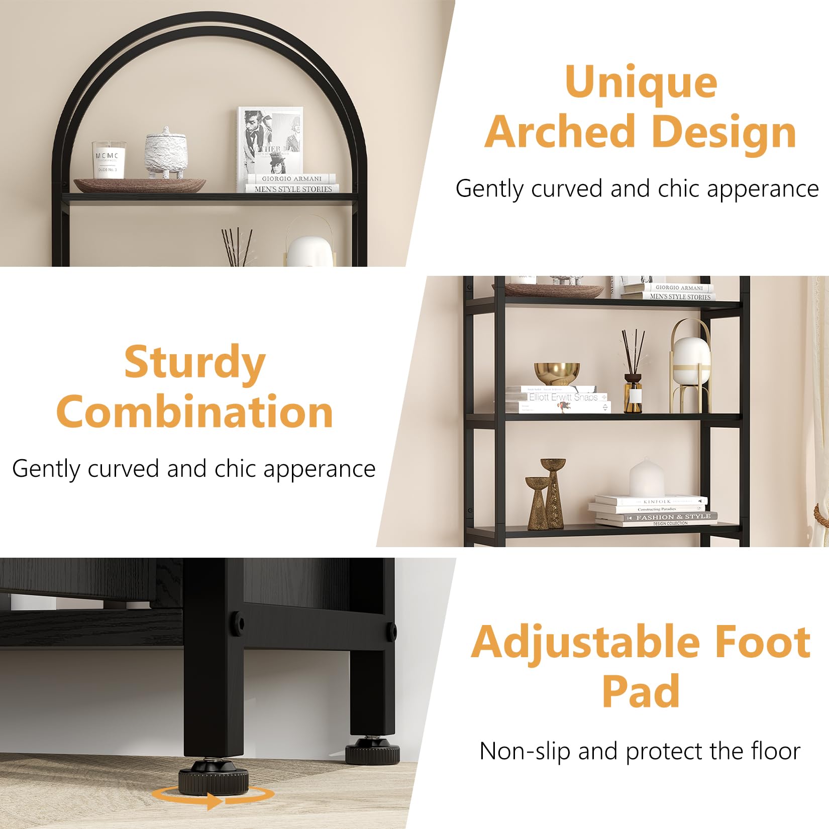 4 Tier Bookshelf, Arched Bookcase with Doors Storage, 71.5 Inches Tall Industrial Book Shelf with Sturdy Metal Frame and Quality Boards, Freestanding Display Shelving Bookshelf for Study,Black