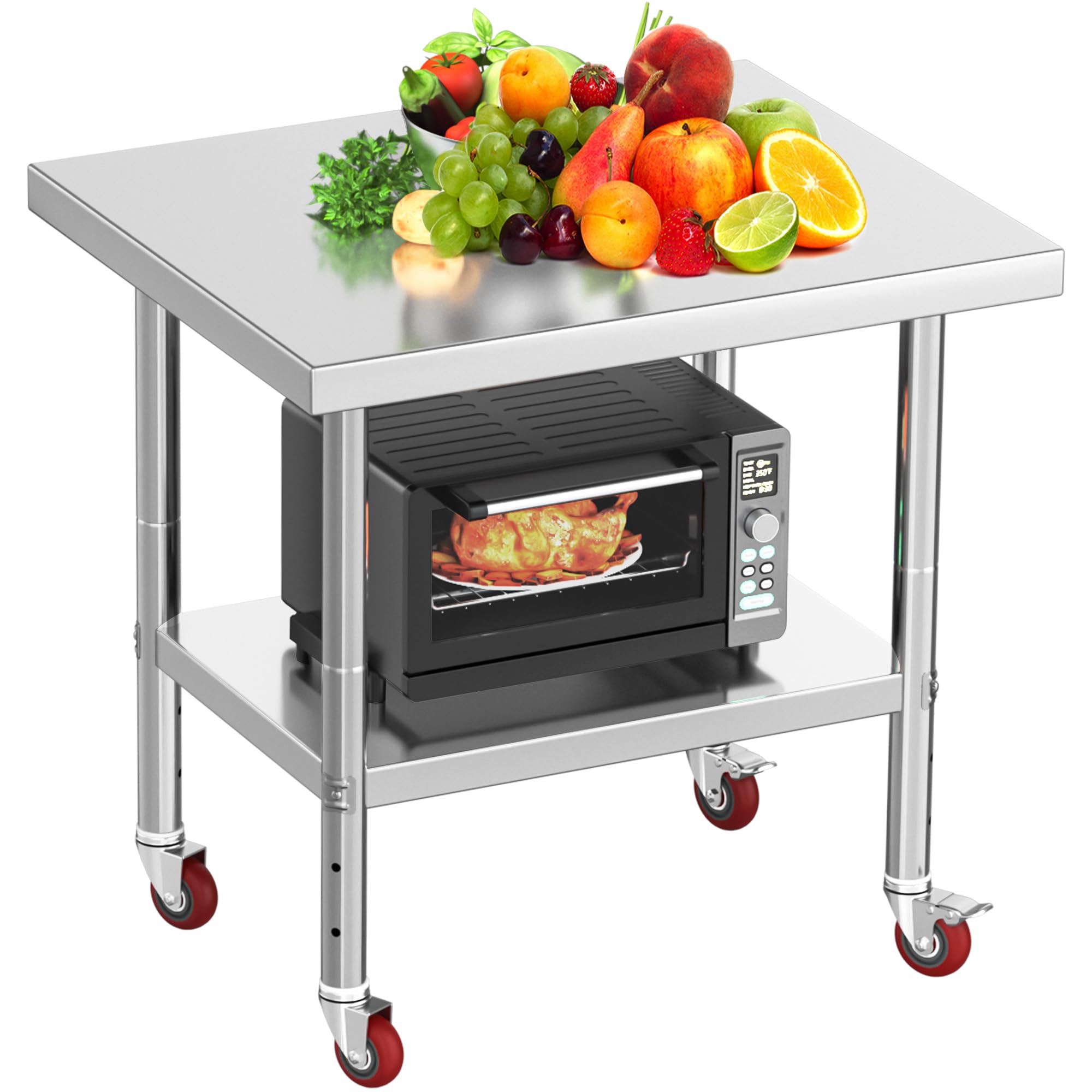 YITAHOME NSF Stainless Steel Table, 30" X 24" Work Table with Wheels, 2 Shelves Metal Prep Worktable for Home Kitchen Restaurant Garage Warehouse Outdoor