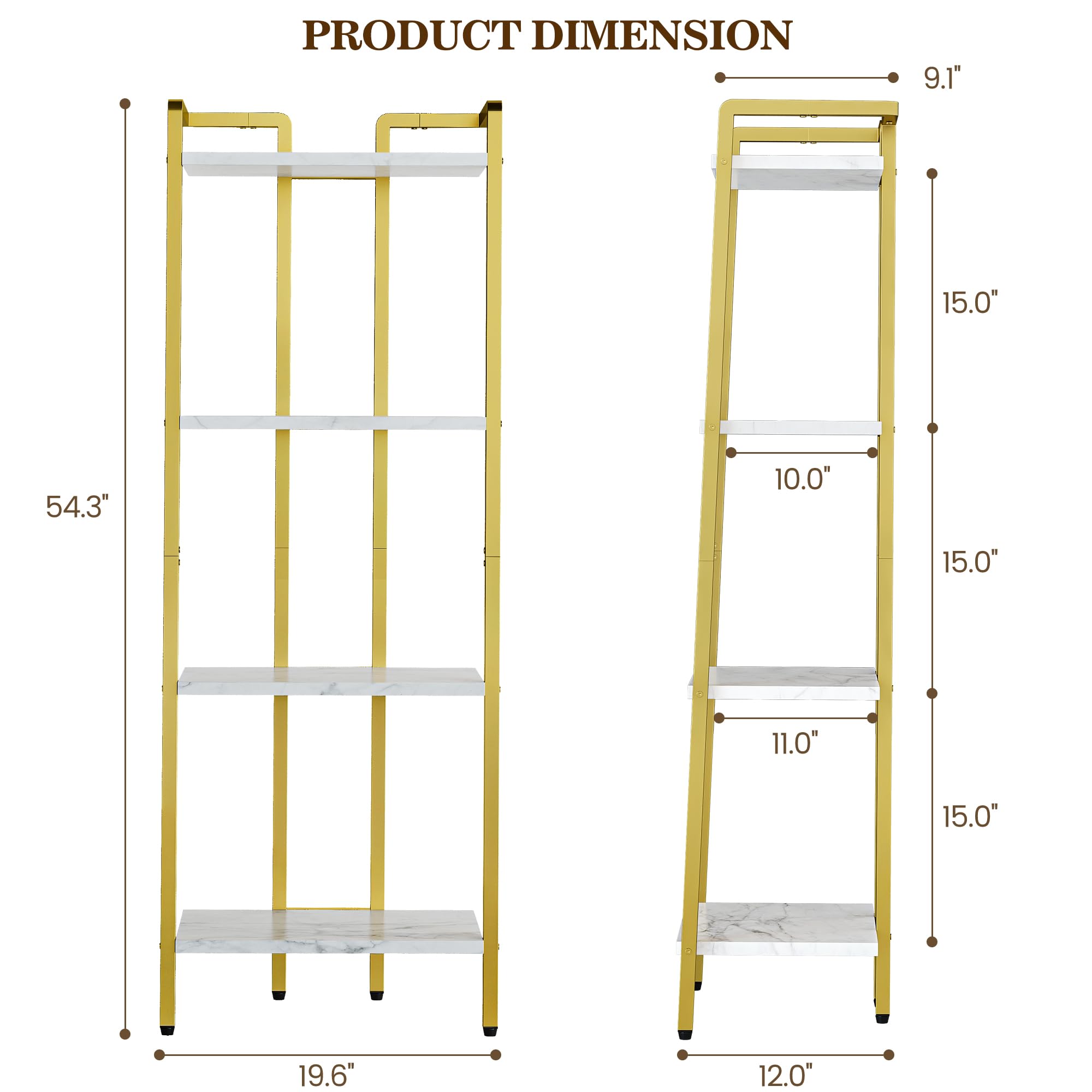 GarveeHome 4 Tier Ladder Shelf, Free Standing Gold Book Shelf, Gold Bookcase with Metal Frame, Display Bookcase, Plant Rack, Accent Furniture for Home Office, White and Golden