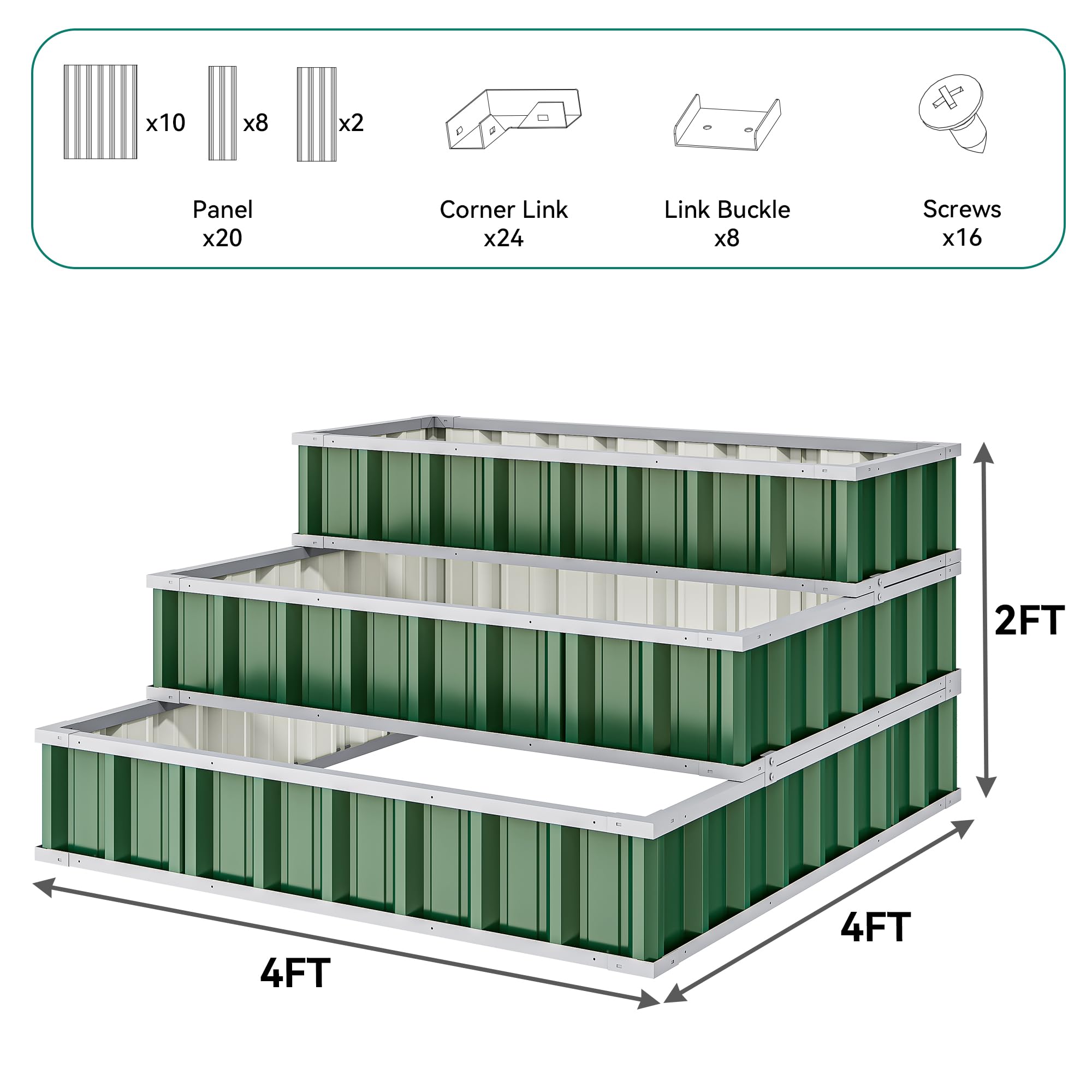 YITAHOME 4x4x2FT 3 Tiers Large Raised Garden Bed, 3 Installation Methods for DIY Outdoor Metal Patio Planter Box with Gloves and Reinforced Frame for Deep-Rooted Plants Vegetables Flowers (Green)