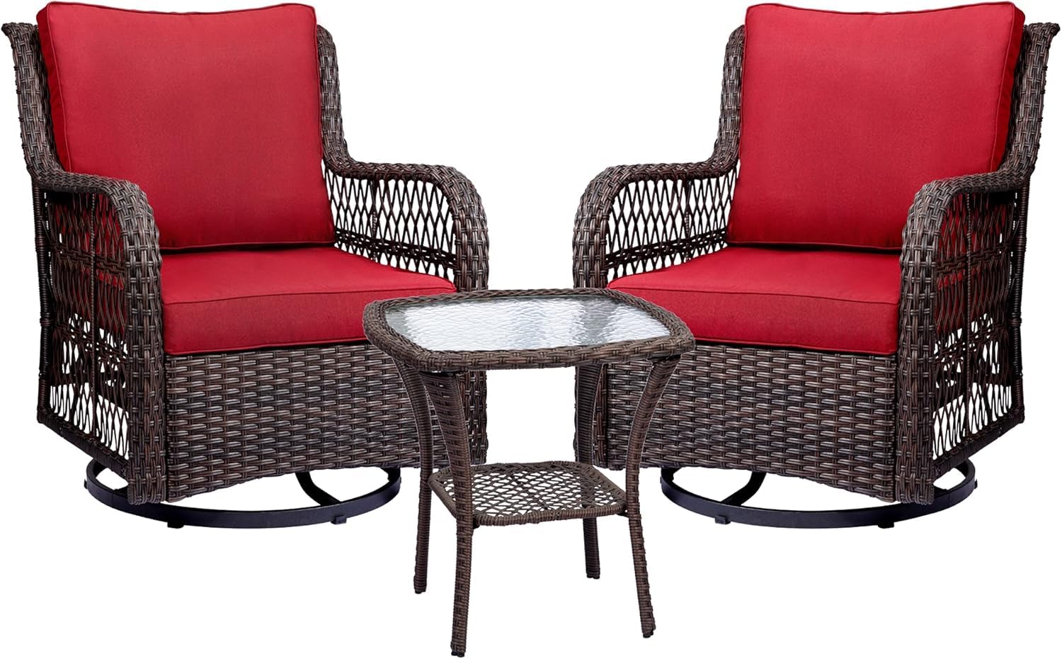 3-Piece Outdoor Wicker Rattan Swivel Rocking Chair Set with Armored Glass Side Table & Premium Cushions - 360° Swivel Patio Furniture for Backyard, Porch, Deck, Balcony, Garden, Rust