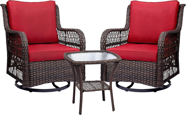 3-Piece Outdoor Wicker Rattan Swivel Rocking Chair Set with Armored Glass Side Table & Premium Cushions - 360° Swivel Patio Furniture for Backyard, Porch, Deck, Balcony, Garden, Rust