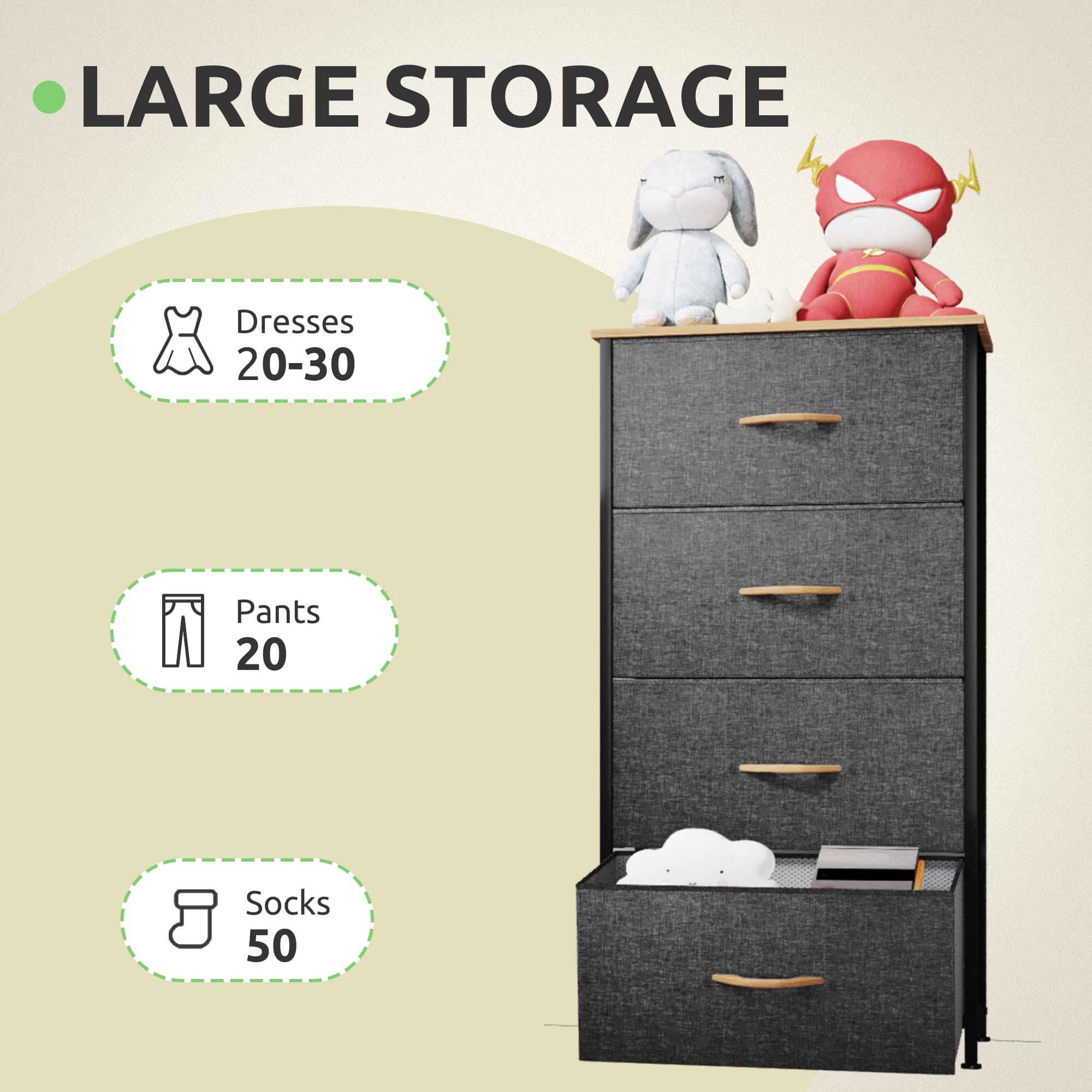 GOOBED Dresser with 4 Drawers - Fabric Storage Tower, Organizer Unit for Bedroom, Living Room, Hallway, Closets - Sturdy Steel Frame, Wooden Top & Easy Pull Fabric Bins, Dark Gray