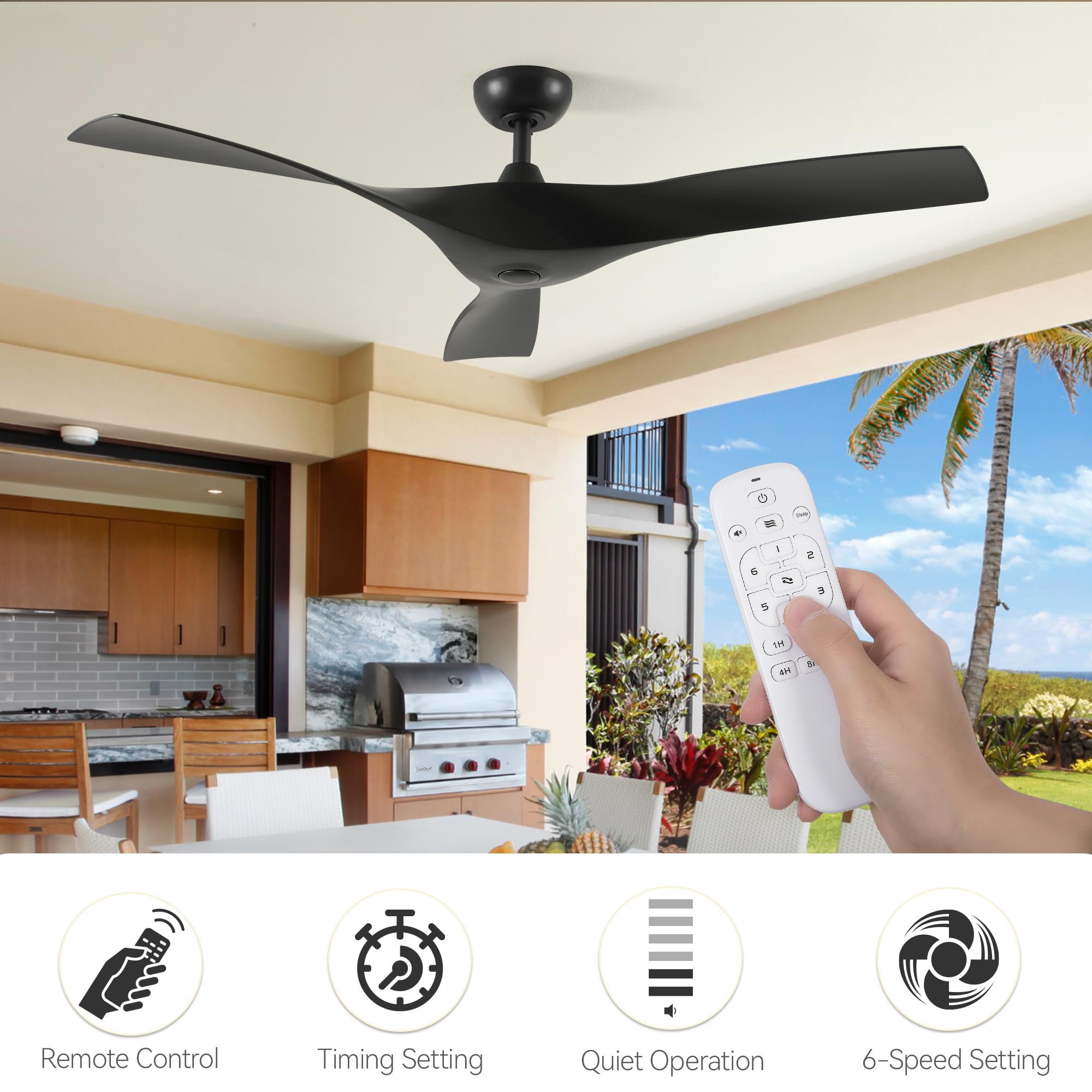 DWVO 52" Ceiling Fan with Remote, 3 Blade Ceiling Fans Reversible 6 Speeds with Quiet DC Motor and 2 Downrods for Bedroom, Living Room, Dining Room, Patio, Office