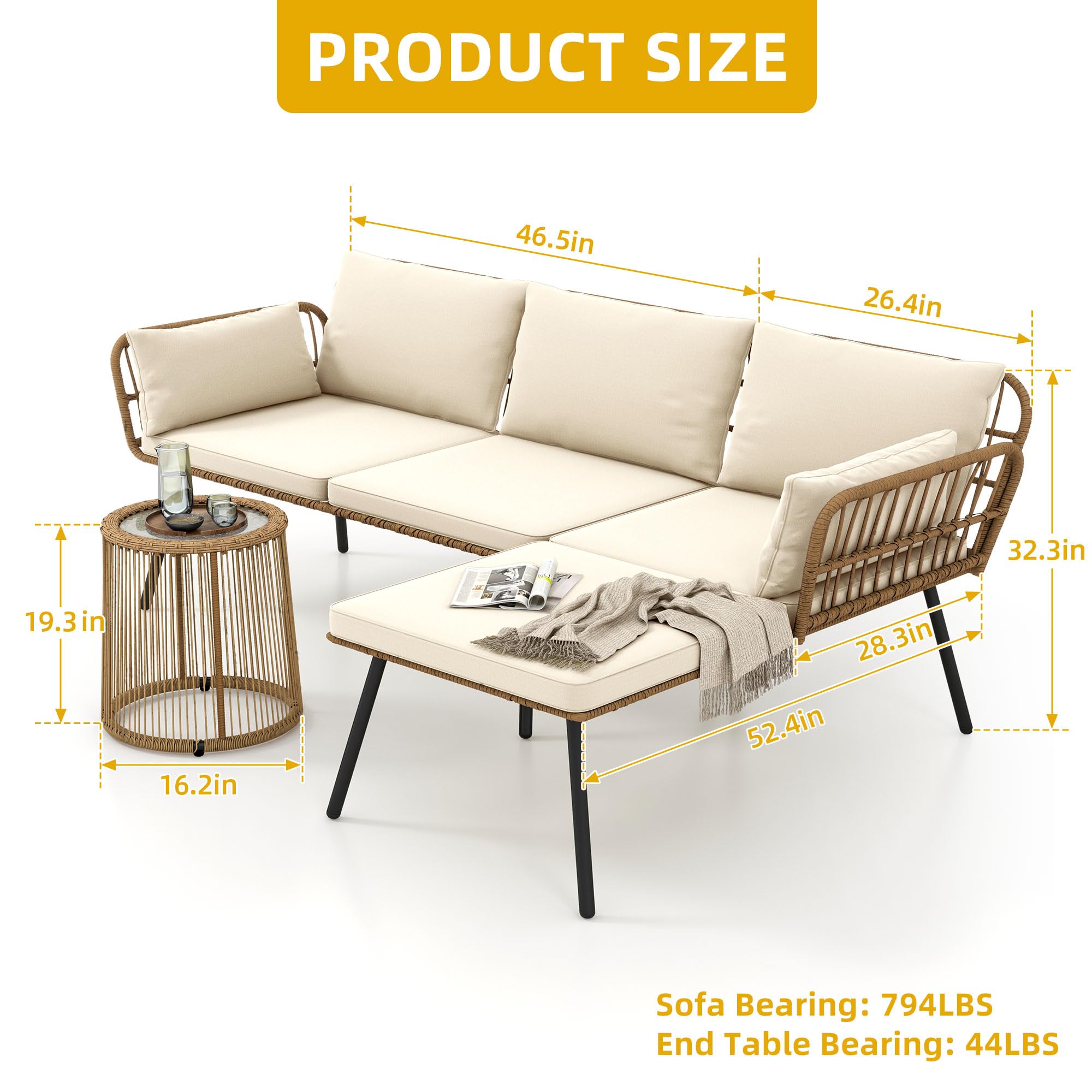DWVO 3 Pieces Patio Furniture Set, Wicker Conversation Sectional Sofa, L-Shaped Sofa with 4 Seater for Backyard, Porch, Boho Detachable Lounger with Cushions and Coffee Table - Beige