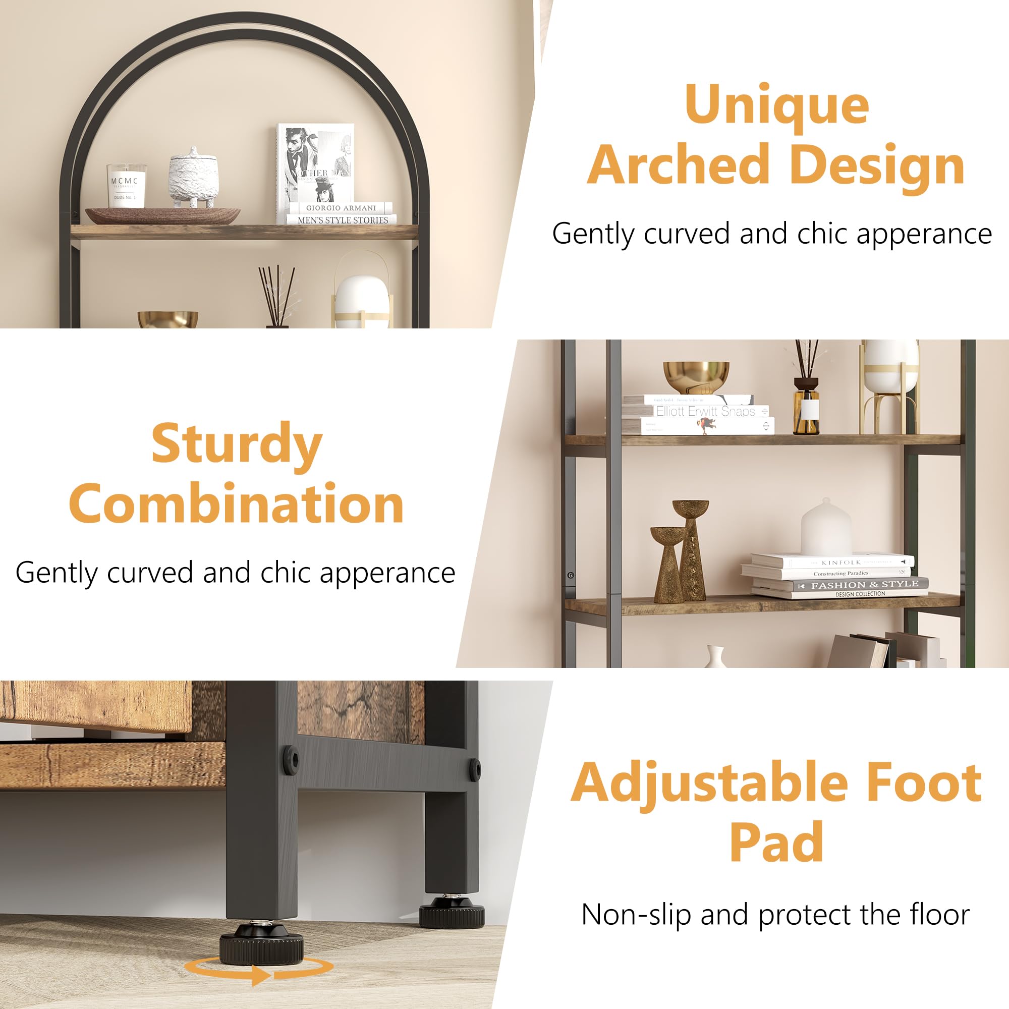 GarveeHome Arched Bookshelf, Bookcase with Doors Storage, 71.5 Inches Tall Industrial Book Shelf with Sturdy Metal Frame and Quality Boards, Freestanding Display Shelving (Brown)