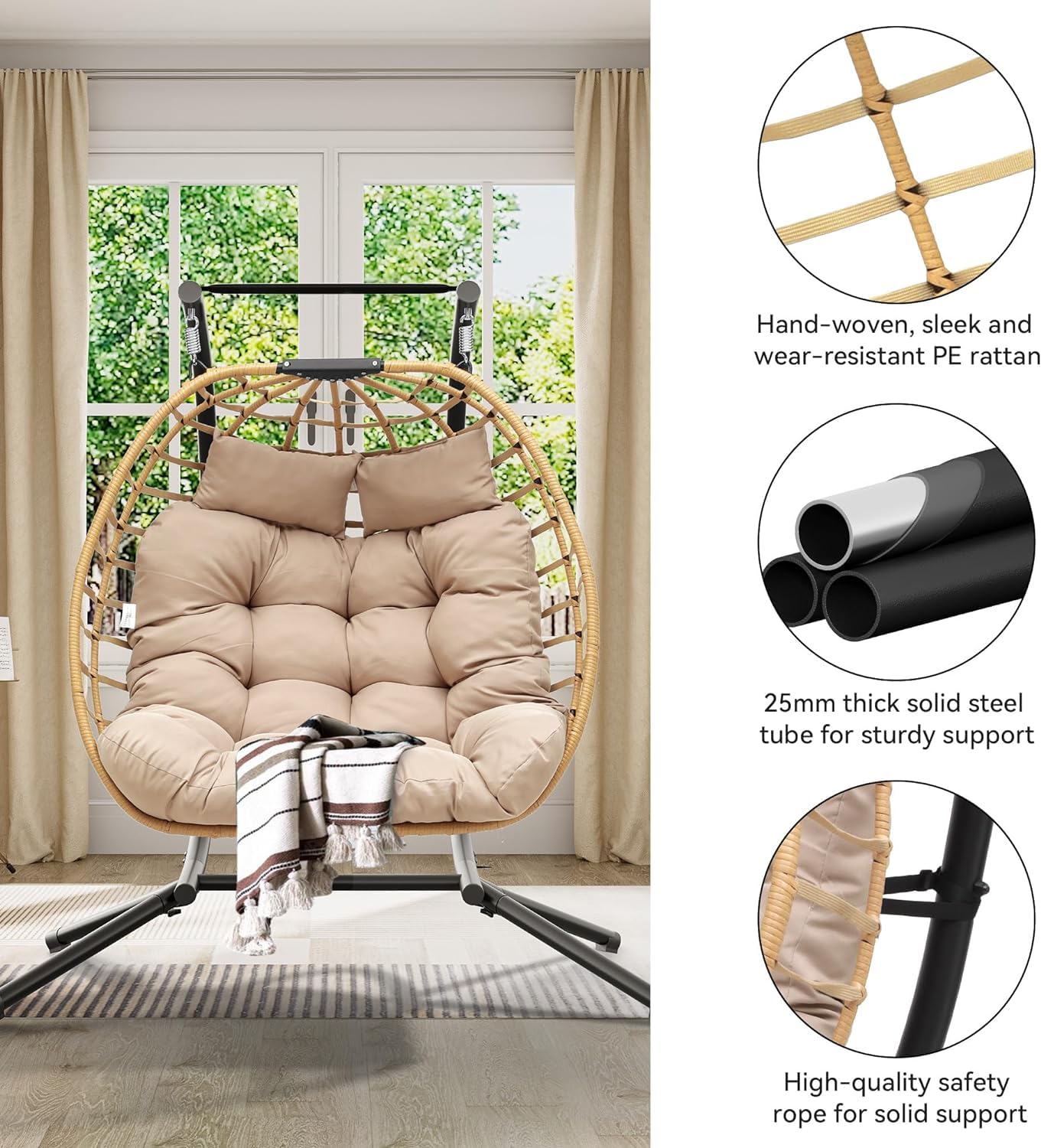YITAHOME Double Hanging Egg Swing Chair Patio Love Seats 2 Person Couple Wicker Rattan Chair Outdoor Egg Chair with Cushions 550lbs for Patio, Poolside, Balcony,Round Khaki