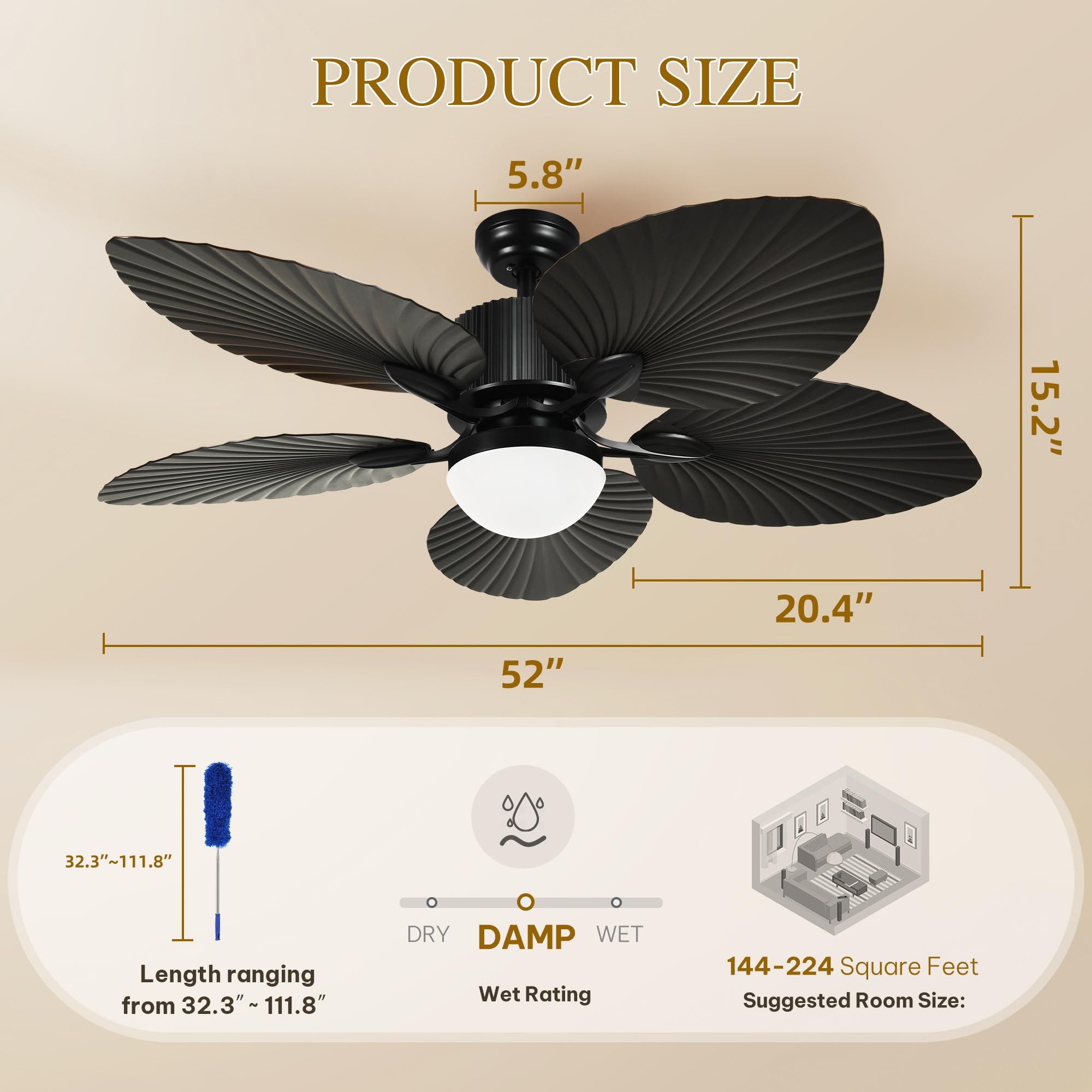 YITAHOME Tropical Ceiling Fan with Lights, 3 Ways Control, Dimmable 52 Inch Retro Ceiling fan with Cleaner Duster, Black Smart Ceiling Fan Compatible with Alexa for Living Room, Dining Room