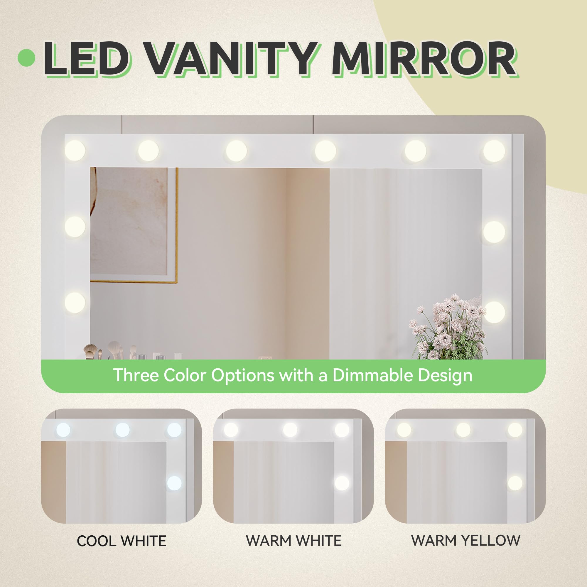 GOOBED 46" Makeup Vanity with Large Mirror & Lights, Glass Top 10-Drawer Vanity Desk Set with Power Outlets & Storage Stool, Dressing Table with 3 Light Modes for Dressing Room, Cream White